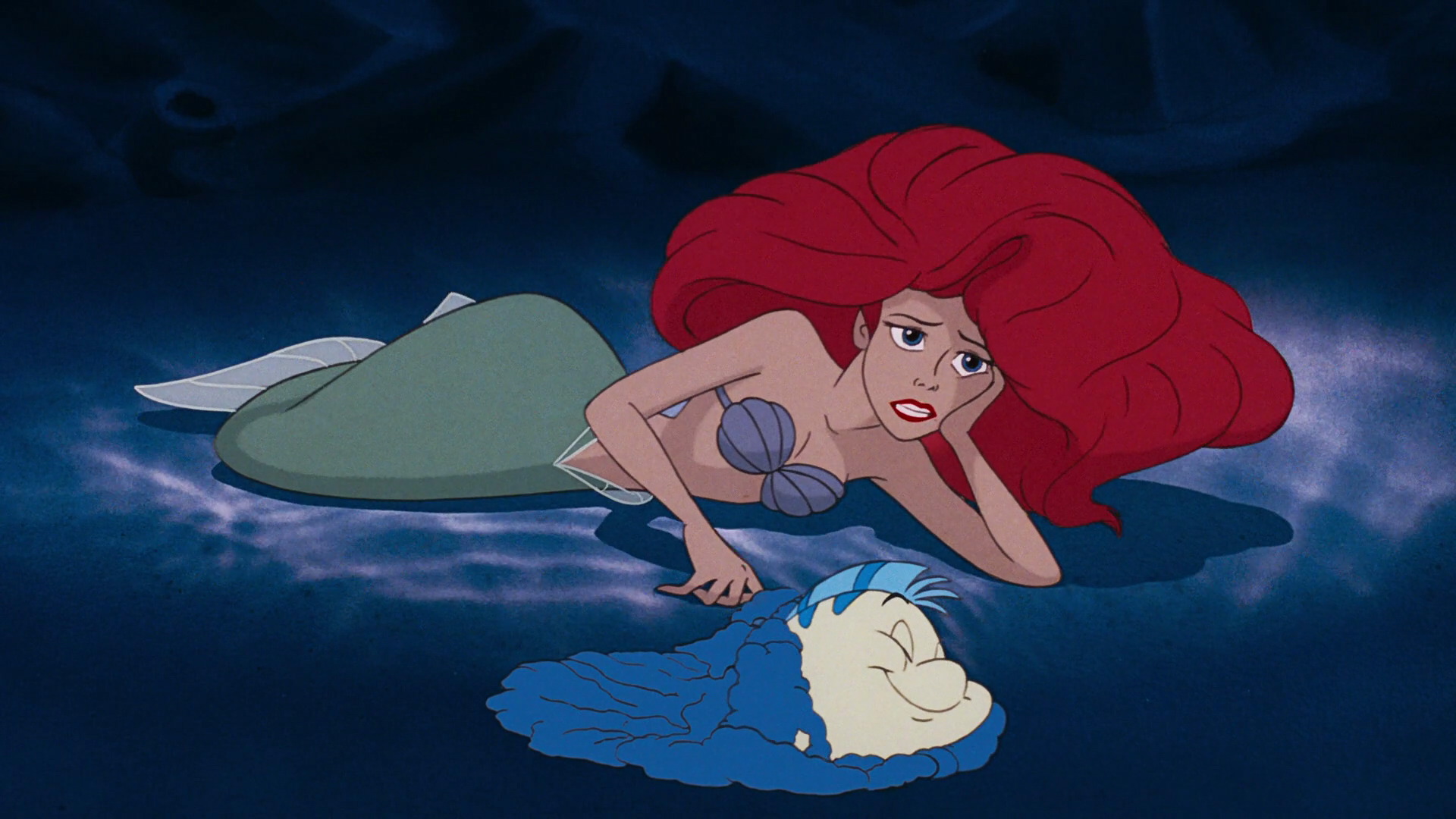 movie, the little mermaid (1989), ariel (the little mermaid), flounder (the little mermaid), lying down, mermaid, red hair, the little mermaid