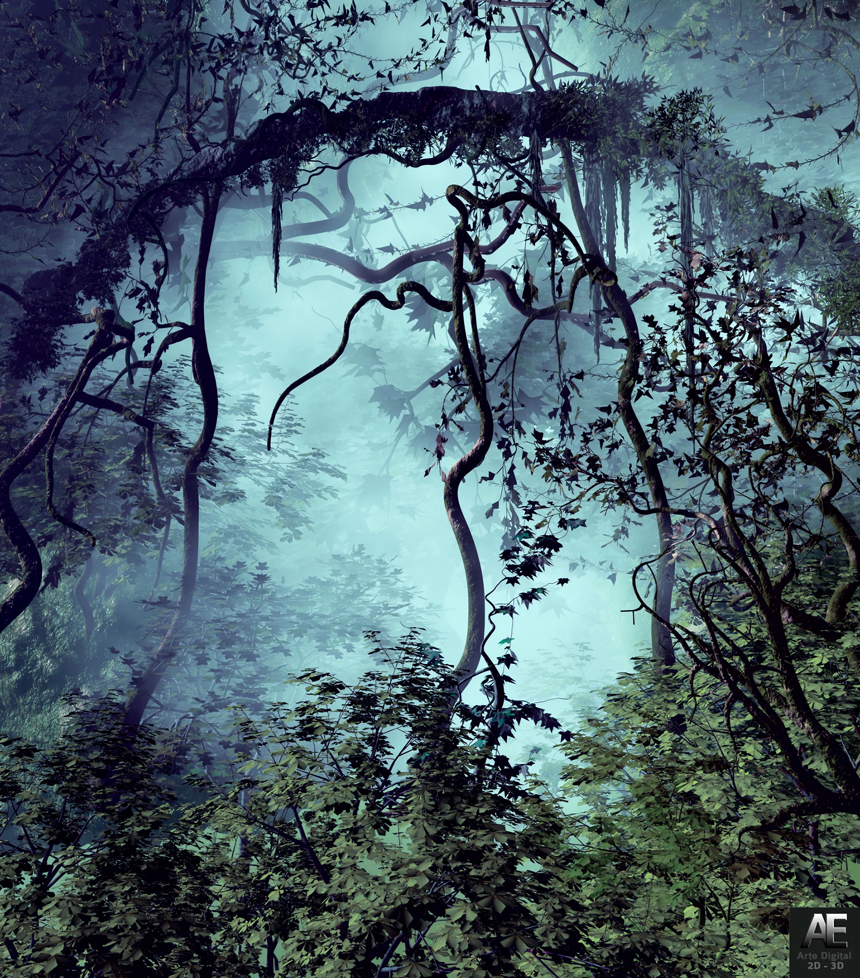 jungle, trees, art, fog, branches cellphone