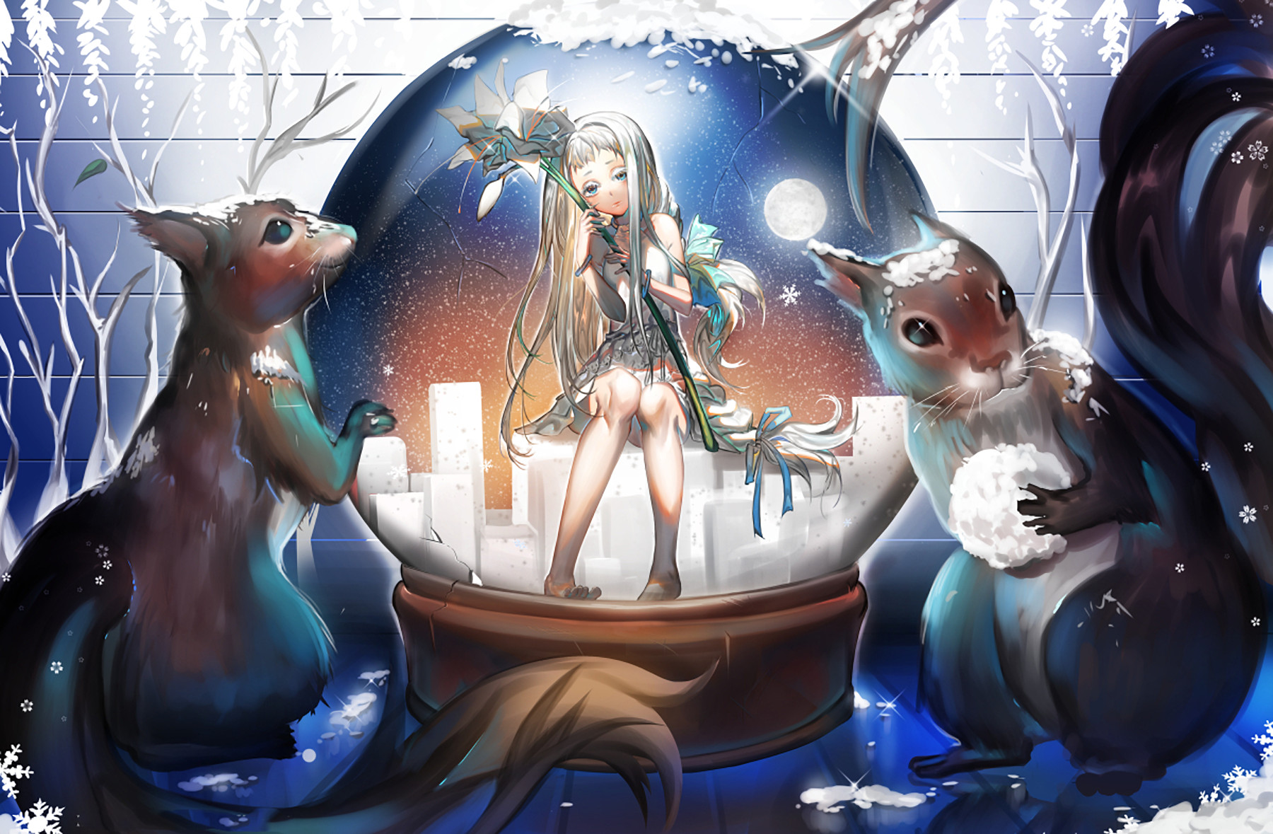 Download mobile wallpaper Anime, Winter, Moon, Snow, Flower, Rabbit, Globe, Original for free.