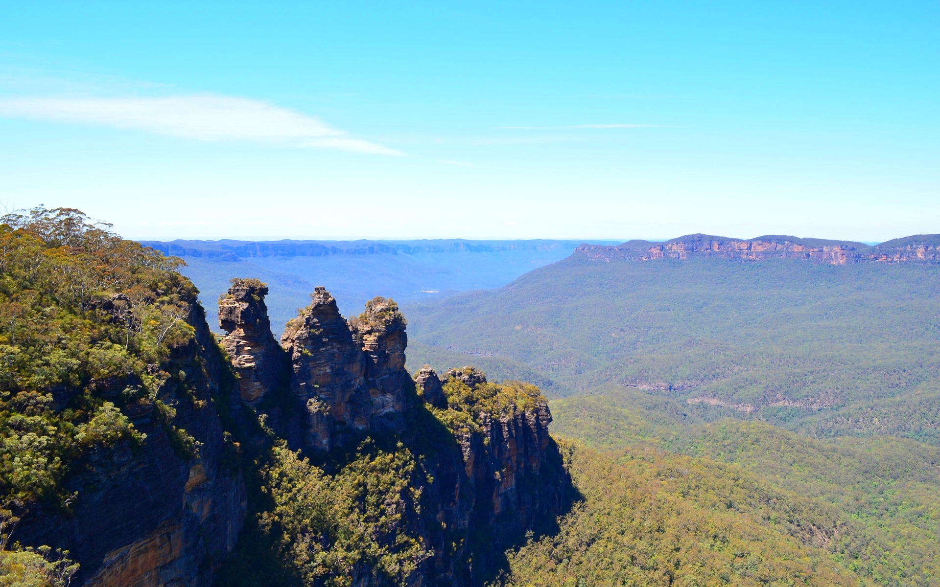 earth, three sisters, australia, blue mountains, cliff, forest, katoomba, mountain, three sisters (australia), valley