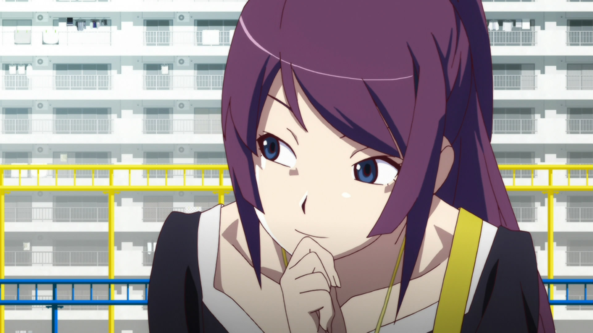 Descarga gratuita de fondo de pantalla para móvil de Ojos Azules, Animado, Monogatari (Serie), Cabello Purpura, Hitagi Senjogahara.