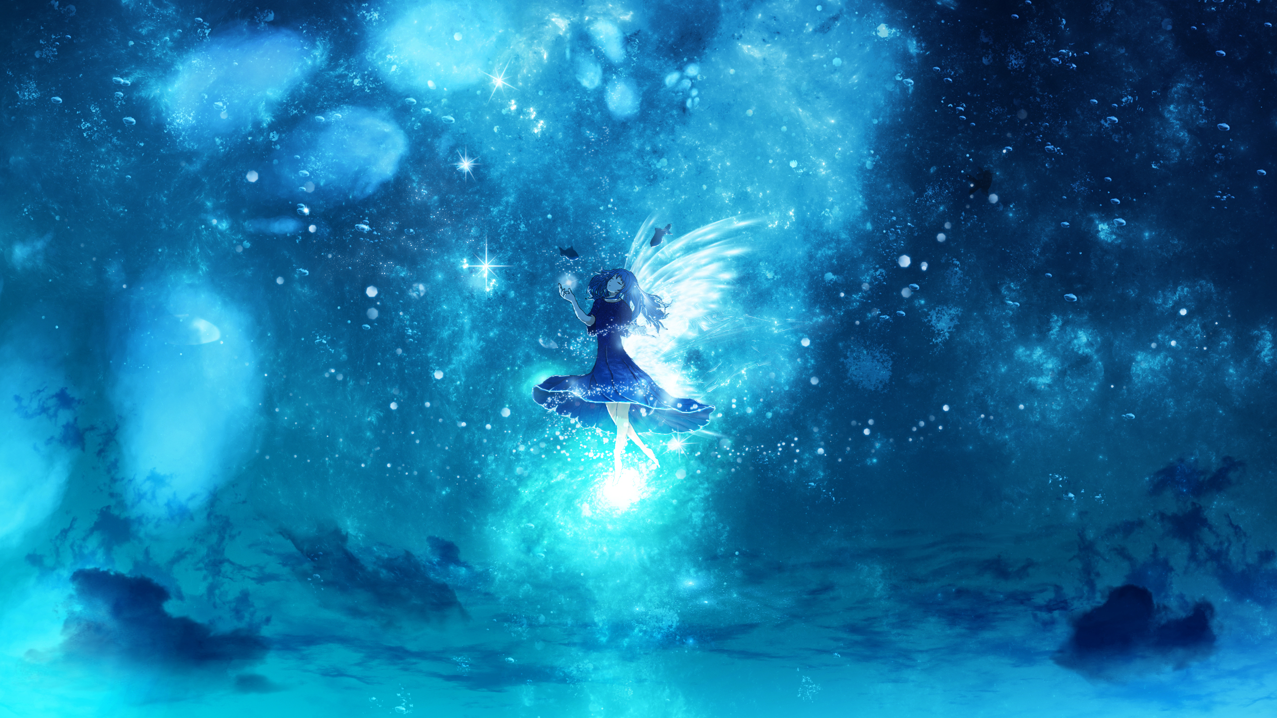Free download wallpaper Anime, Stars, Night, Light, Wings, Dress, Fairy, Original on your PC desktop