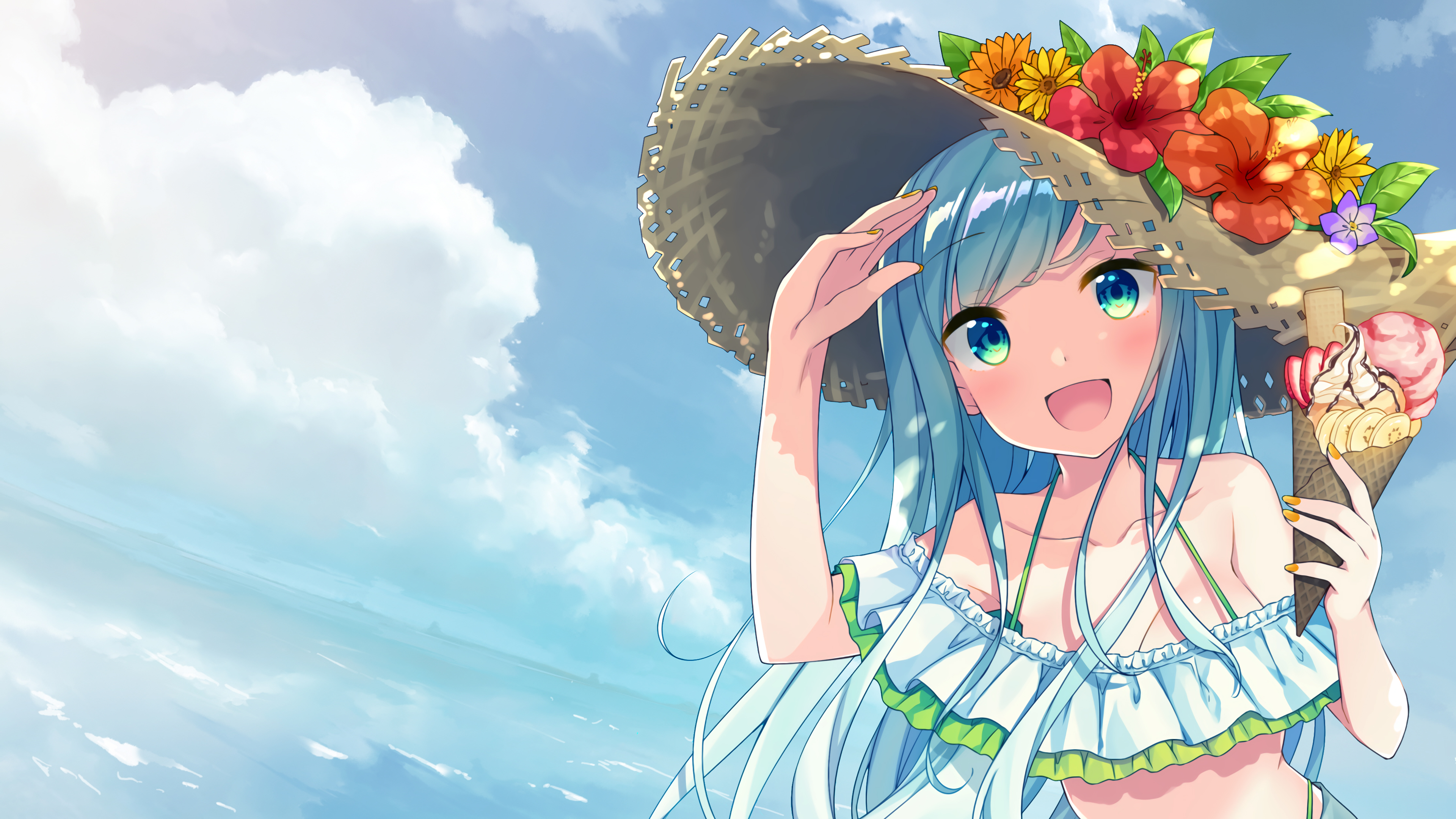 summer, anime, original, blue hair, flower, ice cream