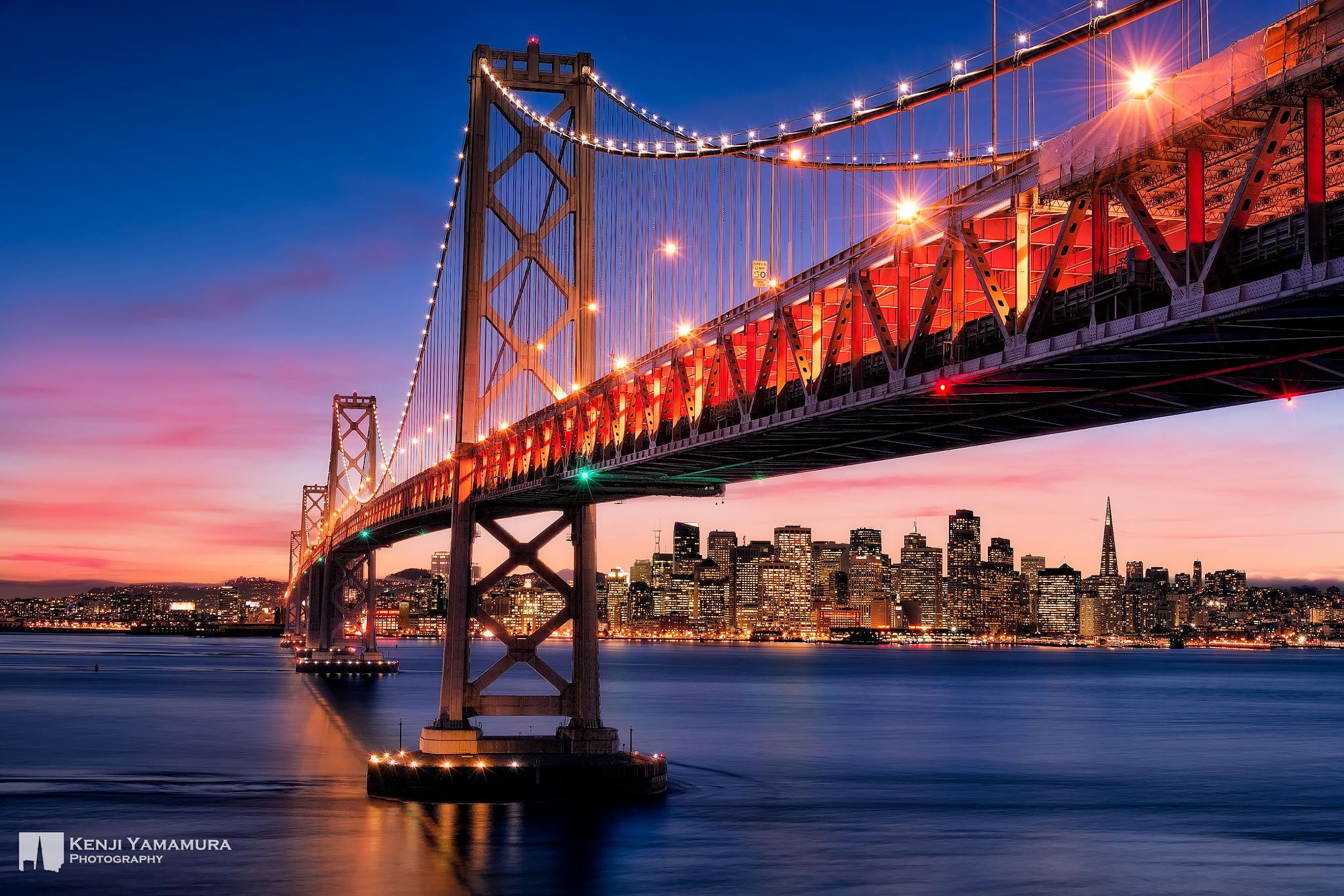 Laden Sie das Gebäude, Brücke, San Francisco, Sonnenuntergang, Bucht Brücke, Brücken, Menschengemacht, Großstadt-Bild kostenlos auf Ihren PC-Desktop herunter