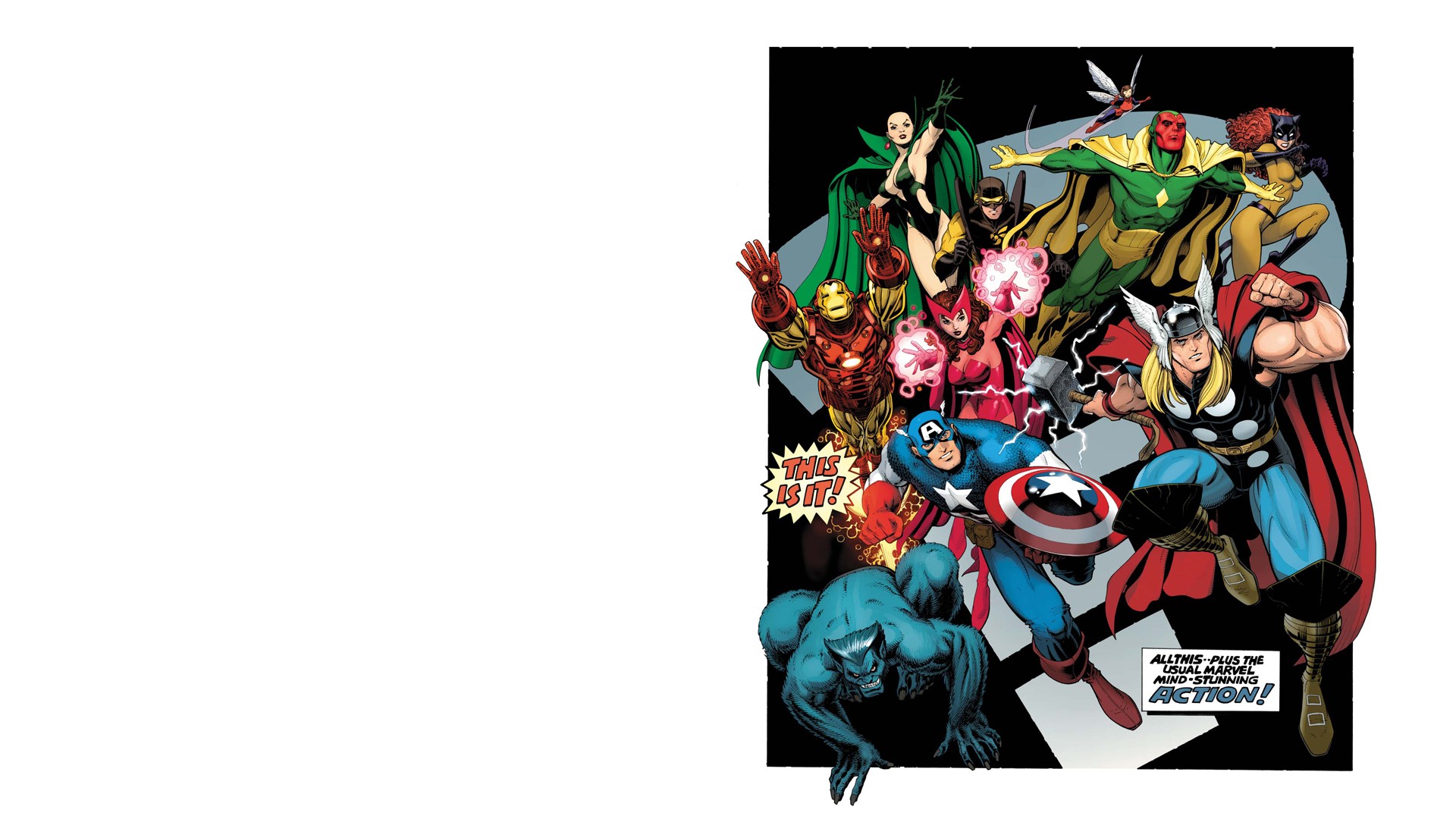 comics, avengers, beast (marvel comics), captain america, hellcat (marvel comics), iron man, janet van dyne, moondragon (marvel comics), scarlet witch, thor, vision (marvel comics), wasp (marvel comics), yellowjacket (marvel comics), the avengers