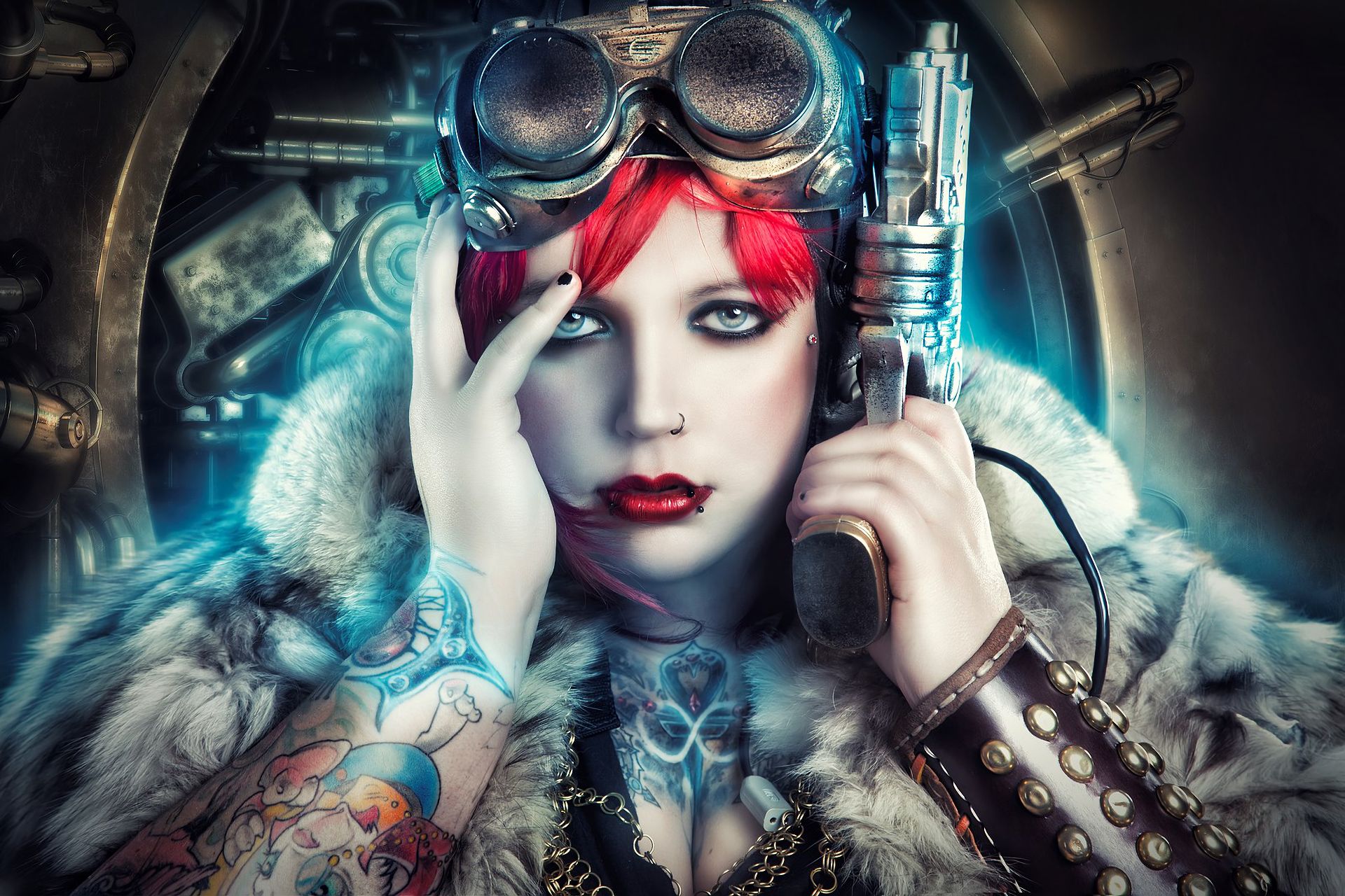 women warrior, sci fi, girls & guns, goggles, pistol, steampunk, tattoo