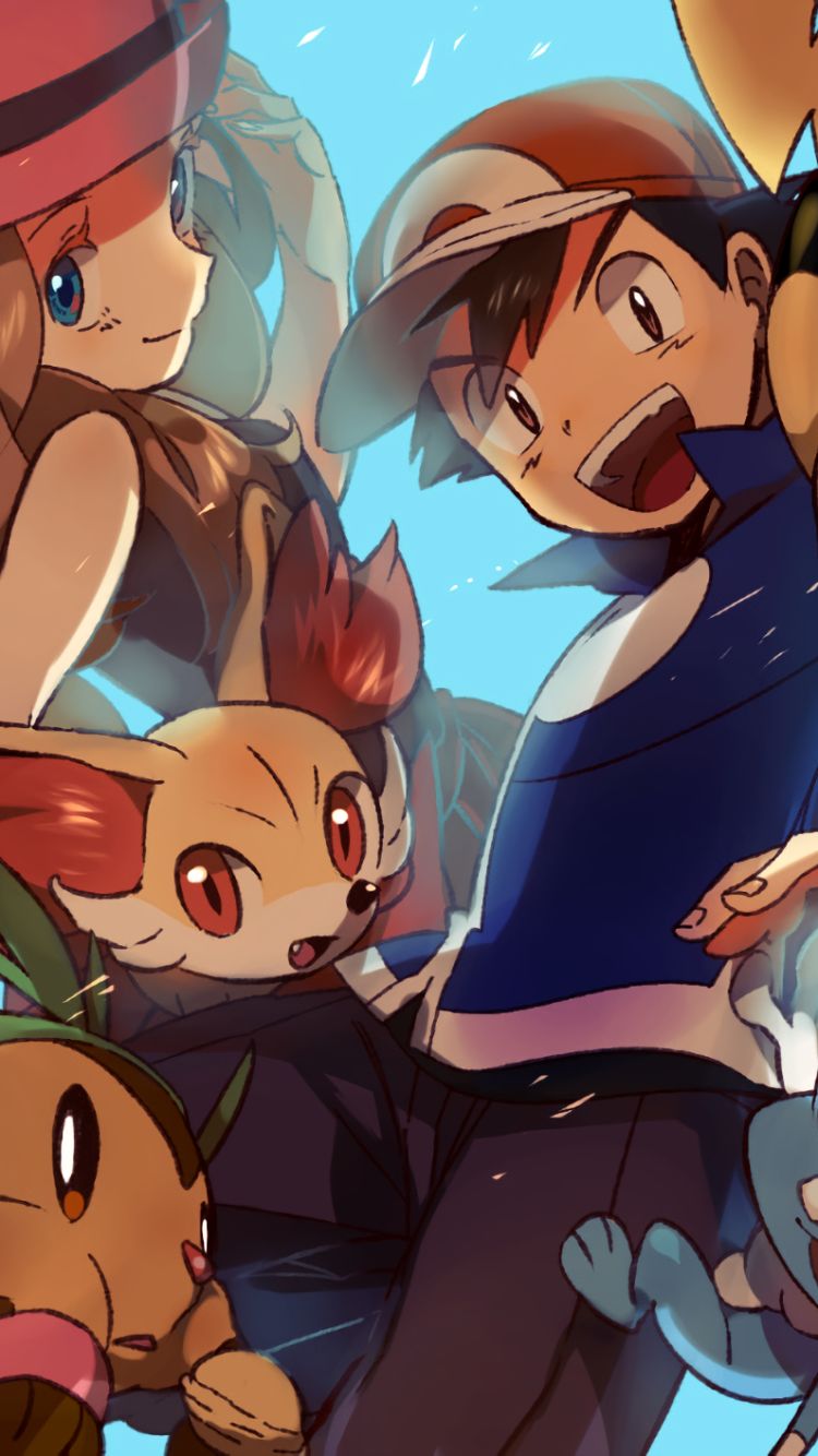 Download mobile wallpaper Anime, Smile, Pokémon, Hat, Blue Eyes, Brown Hair, Ash Ketchum, Serena (Pokémon) for free.