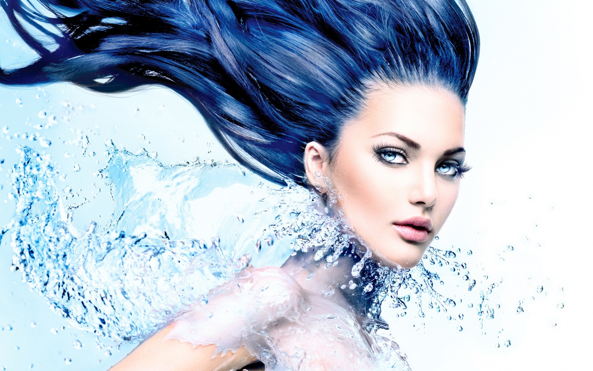 Free download wallpaper Water, Fantasy, Women, Blue Eyes, Blue Hair on your PC desktop