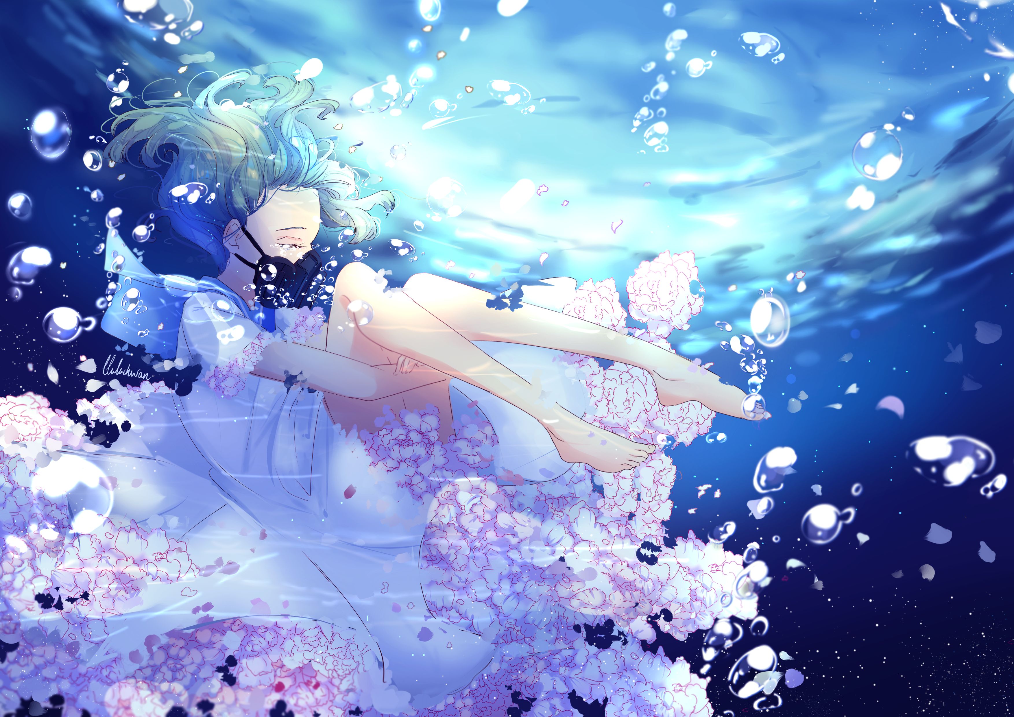 Download mobile wallpaper Anime, Flower, Girl, Mask, Underwater, Dress, Bubble, Short Hair for free.