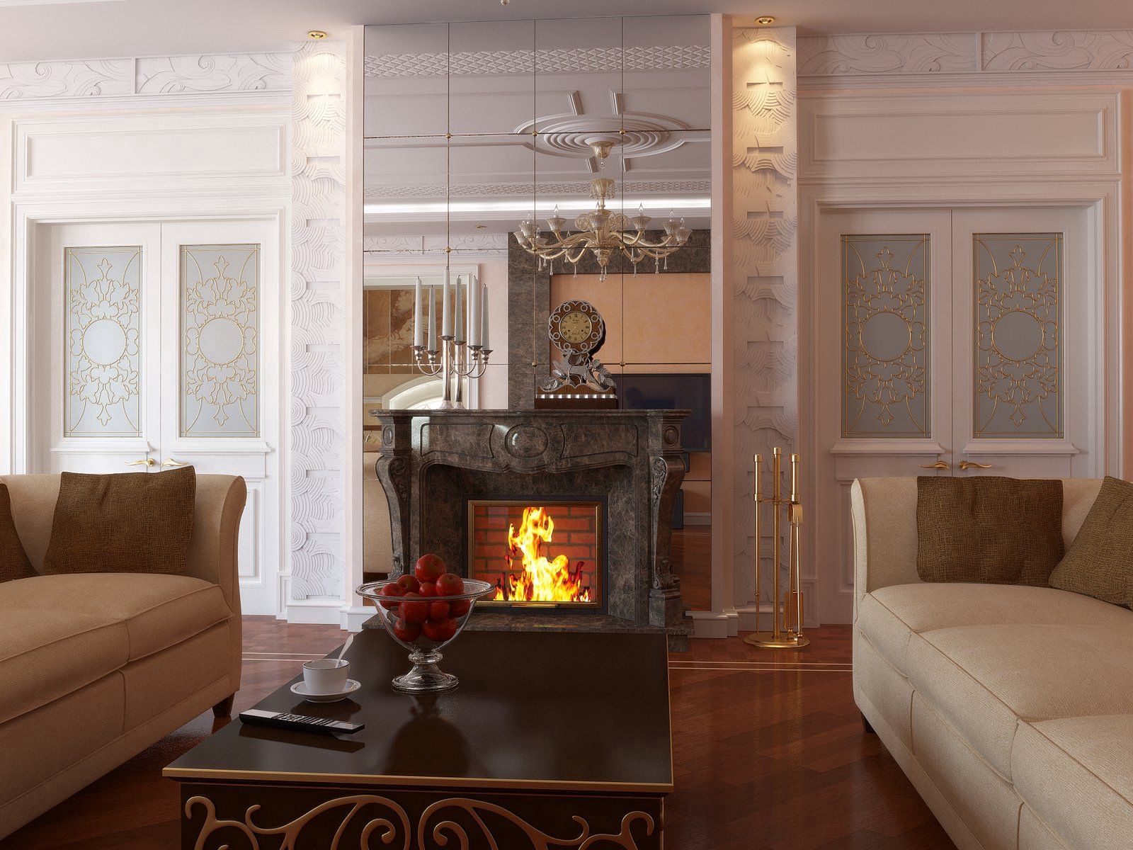 miscellanea, miscellaneous, room, style, sofa, coziness, comfort, fireplace HD wallpaper