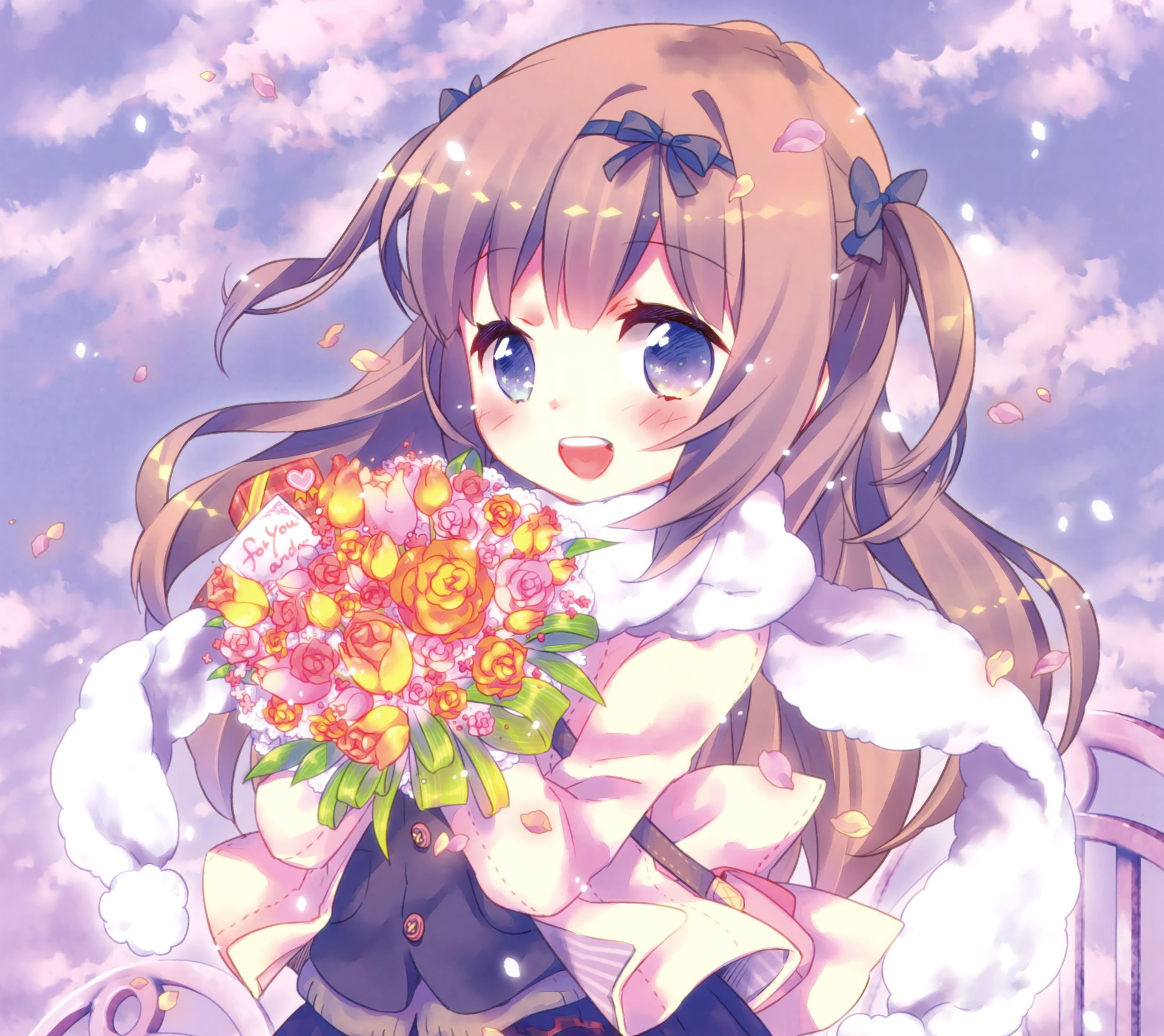 Free download wallpaper Anime, Flower, Bouquet, Smile, Scarf, Blue Eyes, Original, Long Hair, Brown Hair, Twintails, Bow (Clothing) on your PC desktop