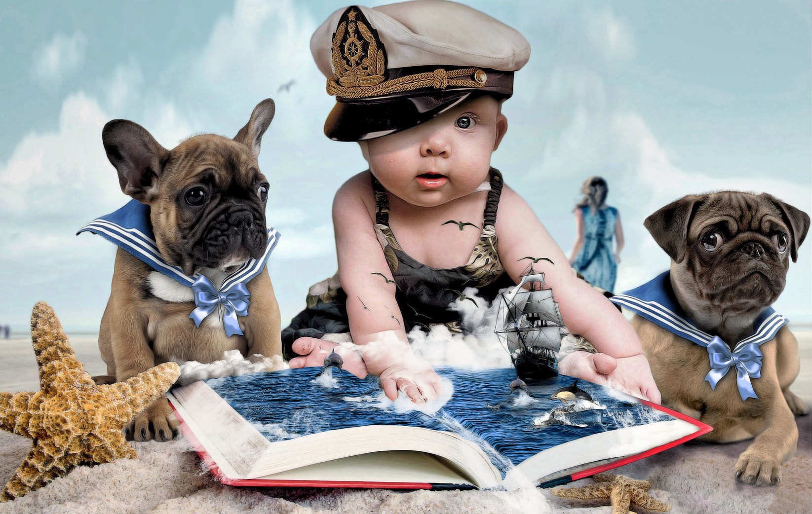 Скачать обои бесплатно Пляж, Собака, Корабль, Фотографии, Младенец, Манипуляции картинка на рабочий стол ПК