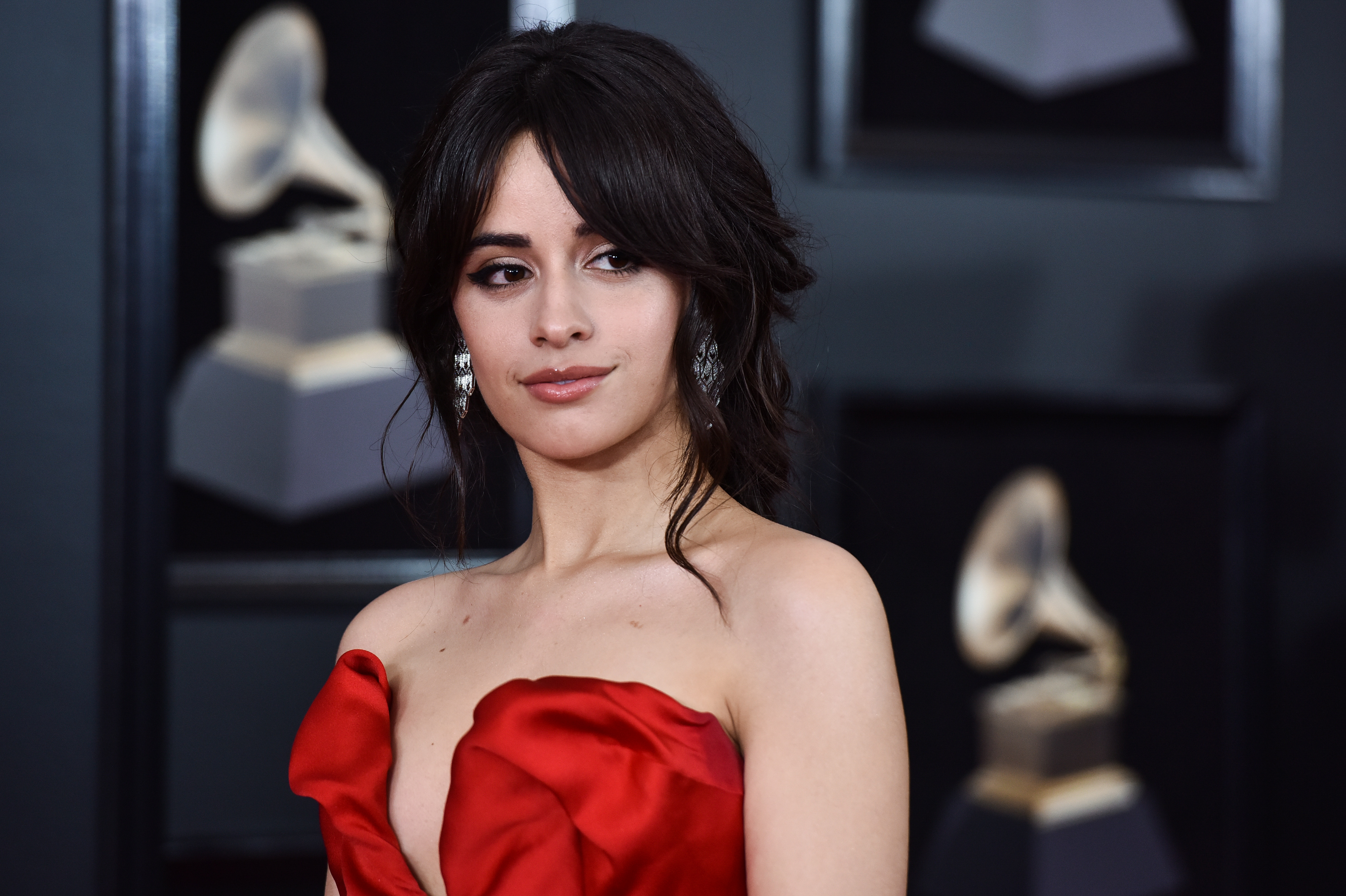 Free download wallpaper Music, Singer, Face, American, Brown Eyes, Black Hair, Red Dress, Camila Cabello on your PC desktop