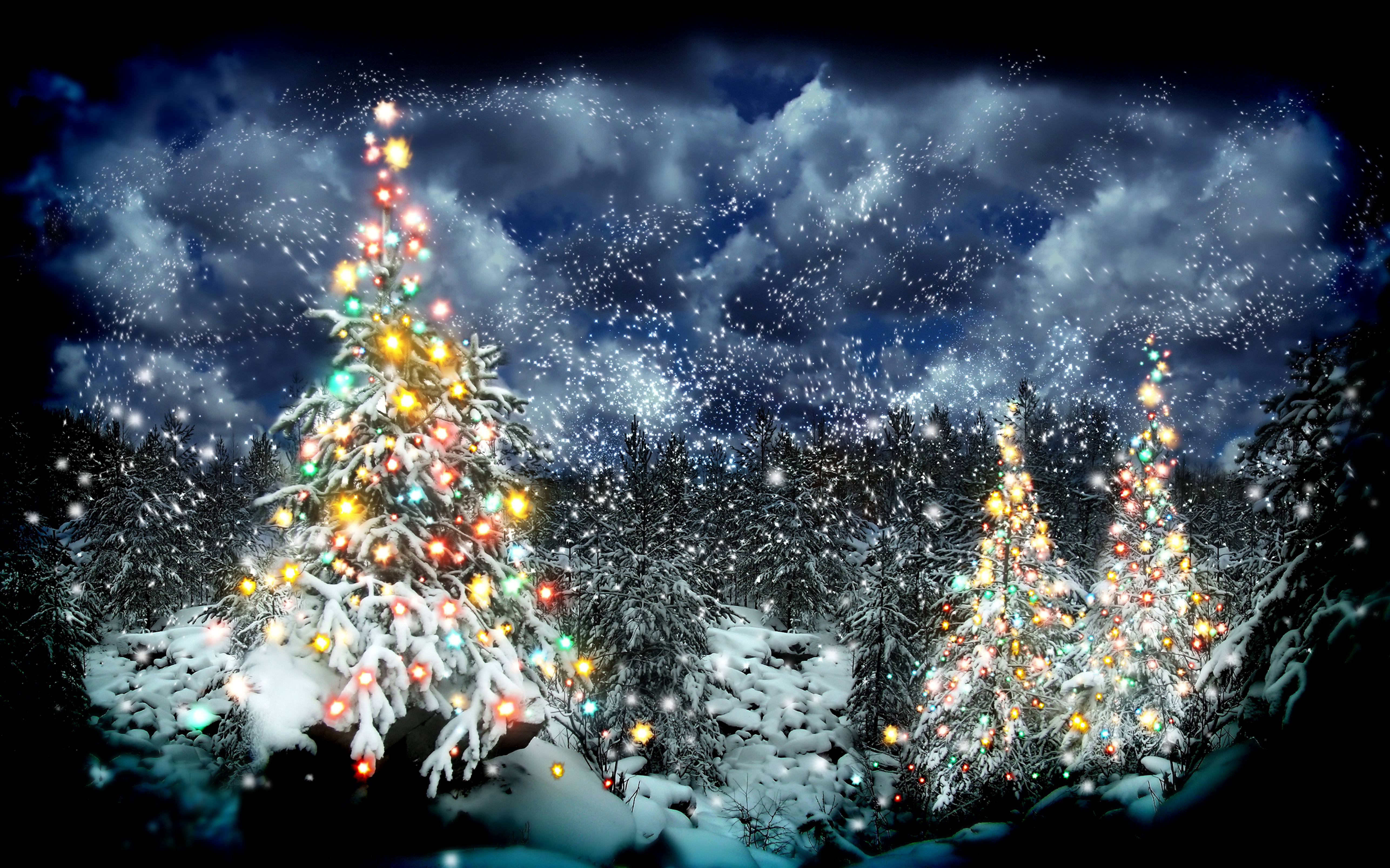 783322壁紙のダウンロードホリデー, クリスマス, クリスマスツリー, 装飾, 森, 光, 雪, 星, 木-スクリーンセーバーと写真を無料で