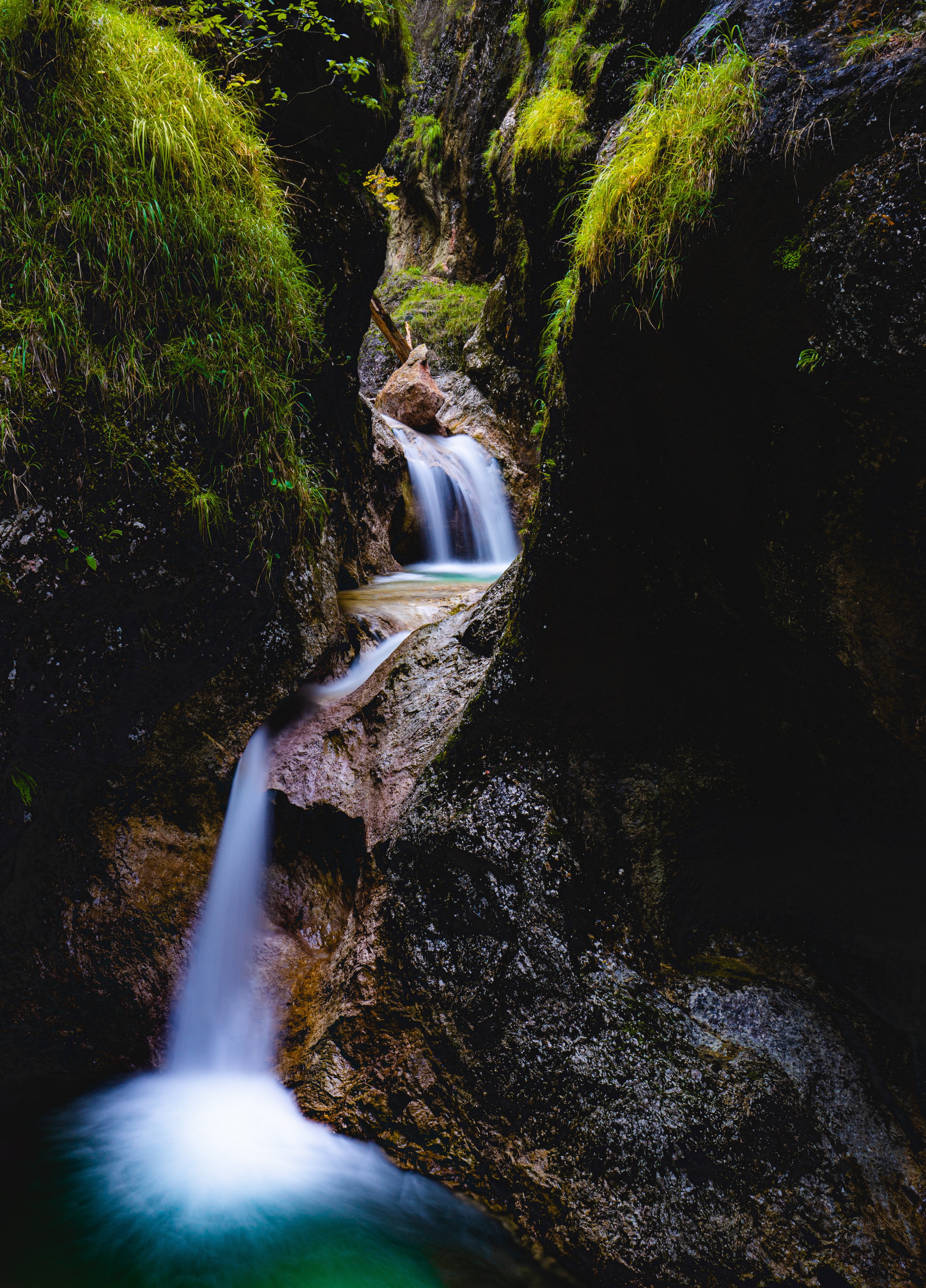 Free download wallpaper Water, Grass, Rocks, Waterfall, Flow, Stream, Nature on your PC desktop