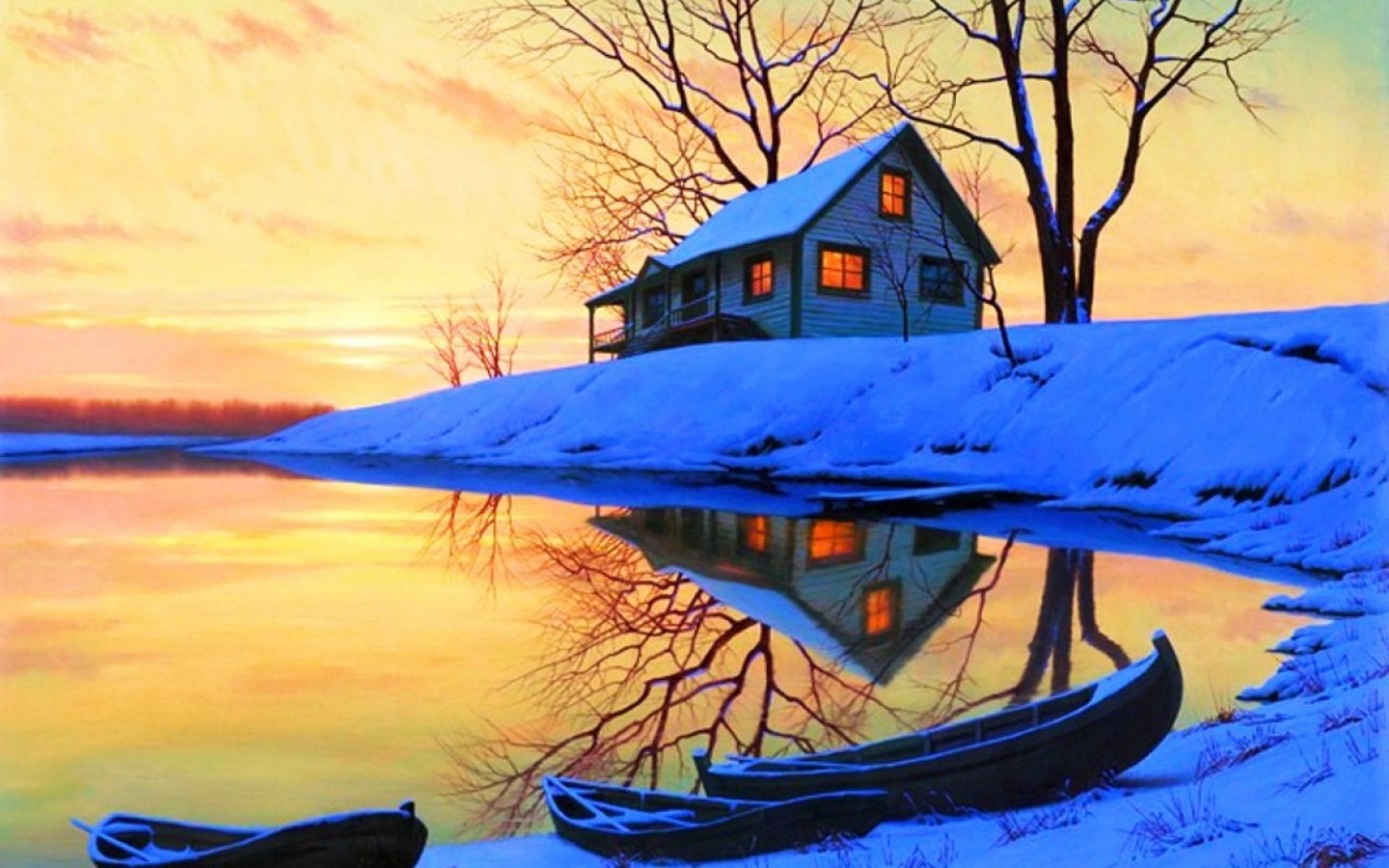 Handy-Wallpaper Winter, Schnee, See, Licht, Haus, Boot, Künstlerisch kostenlos herunterladen.