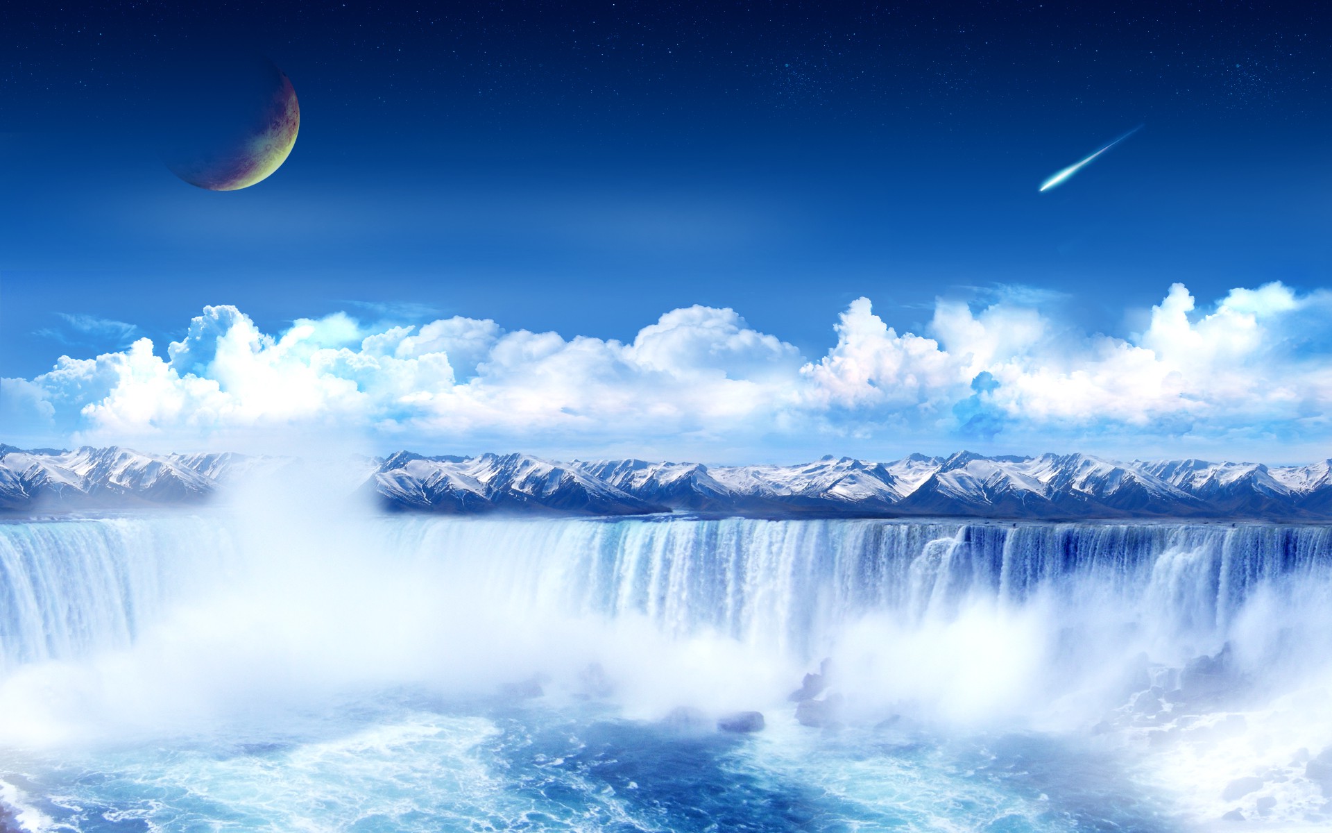 736922 скачать картинку водопад, фэнтези, синий, облака, метеор, луна, планета - обои и заставки бесплатно