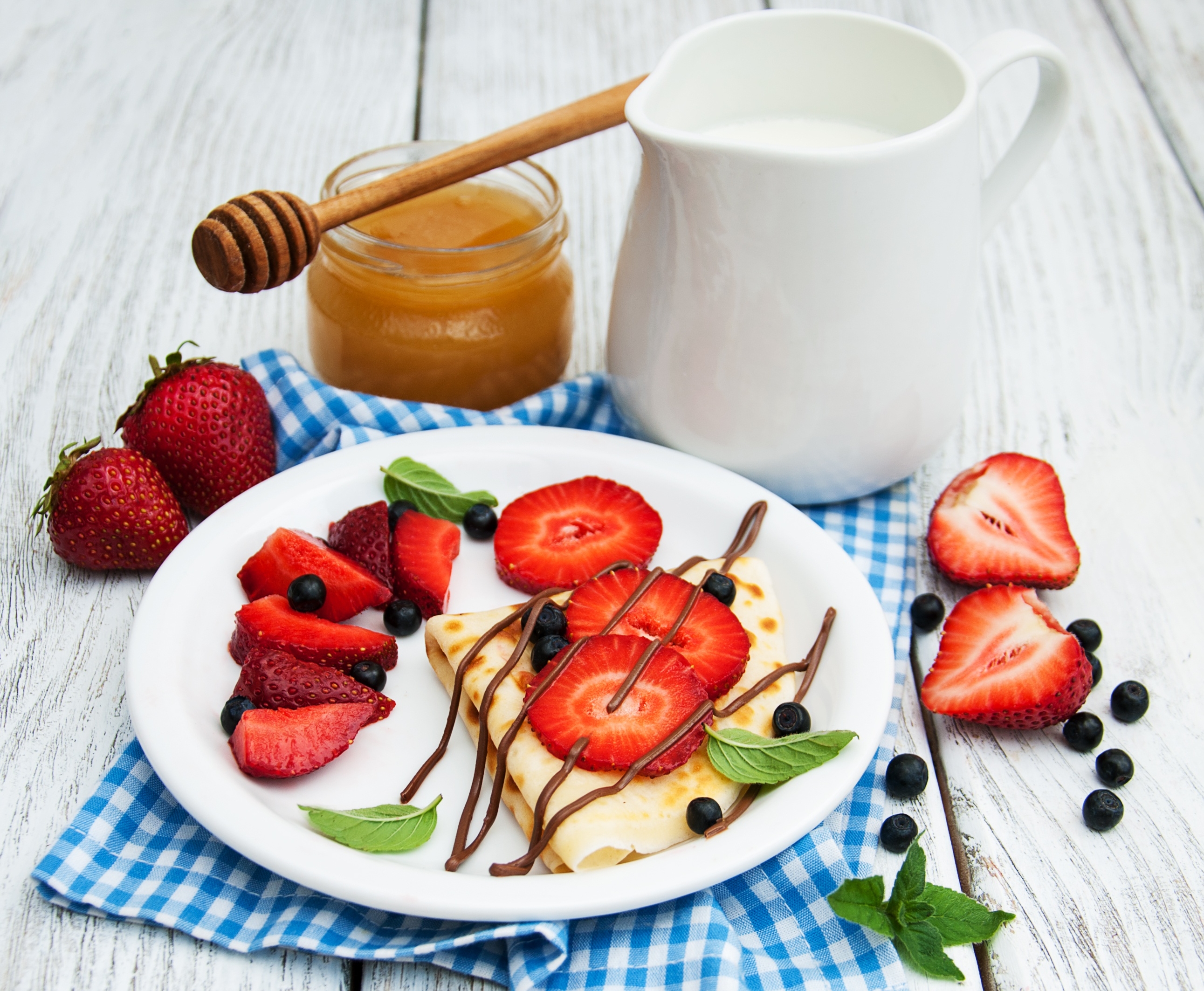 Download mobile wallpaper Food, Strawberry, Blueberry, Still Life, Fruit, Honey, Breakfast, Crêpe for free.