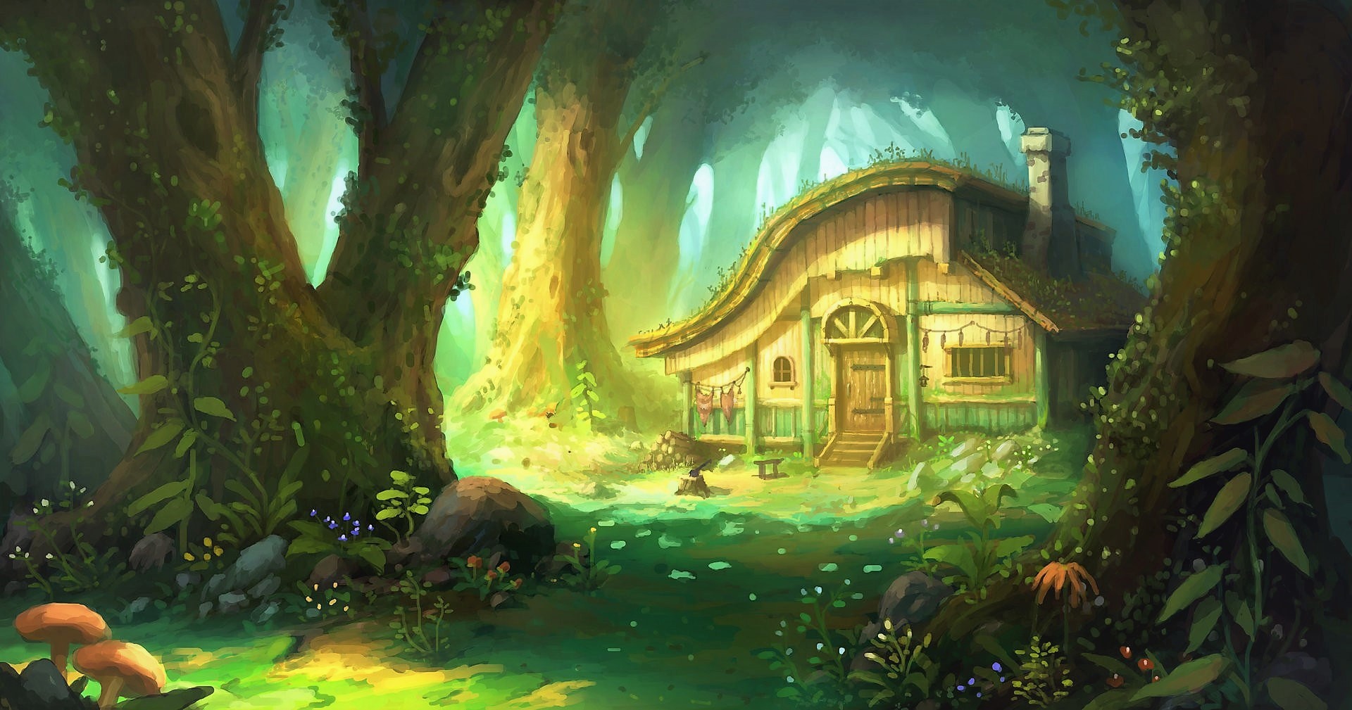 fantasy, house, cottage, flower, forest, tree