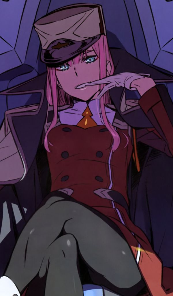 Handy-Wallpaper Lächeln, Hut, Handschuh, Blaue Augen, Pinkes Haar, Strumpfhose, Animes, Lange Haare, Darling In The Franxx, Zero Two (Liebling Im Franxx) kostenlos herunterladen.