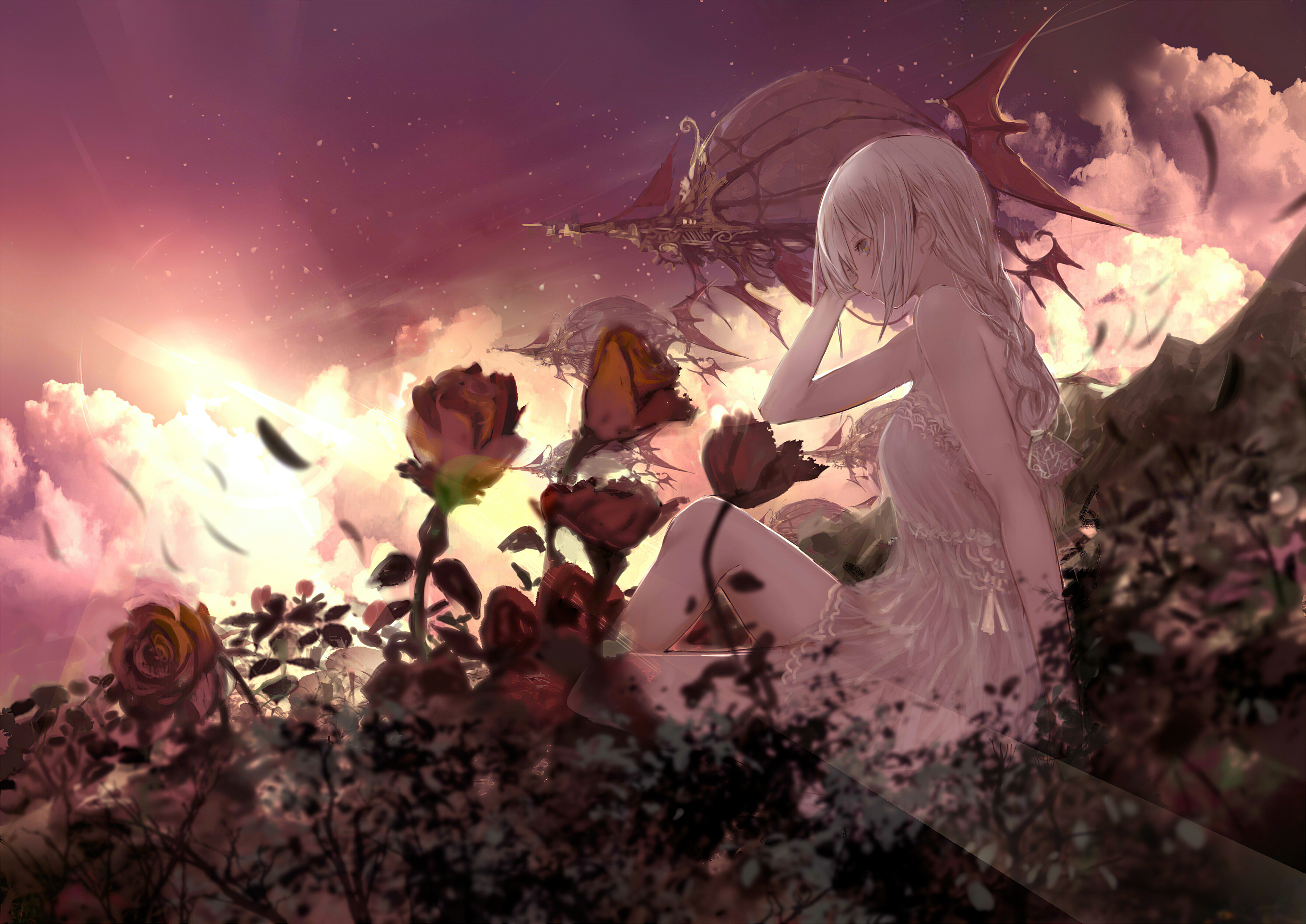 Free download wallpaper Anime, Rose, Original, White Hair, White Dress on your PC desktop