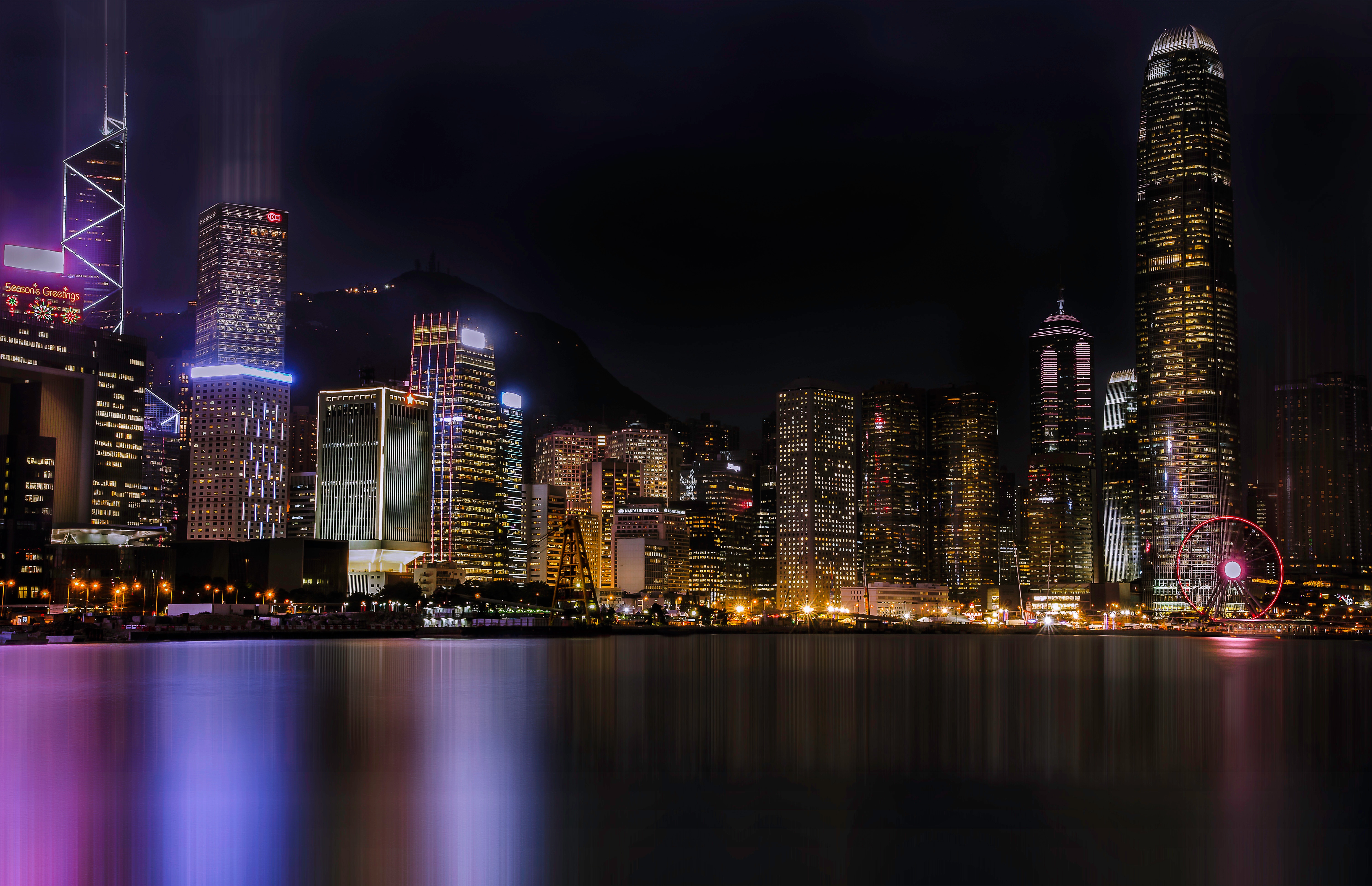 skyscrapers, cities, shore, bank, night city Panoramic Wallpaper