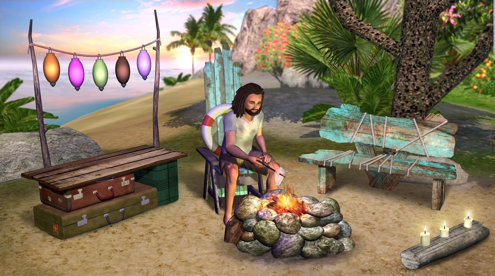 Baixe gratuitamente a imagem Mar, Fogo, Banco, Palmeira, Lanterna, Ilha, Vela, Videogame, Os Sims, Os Sims 2 na área de trabalho do seu PC