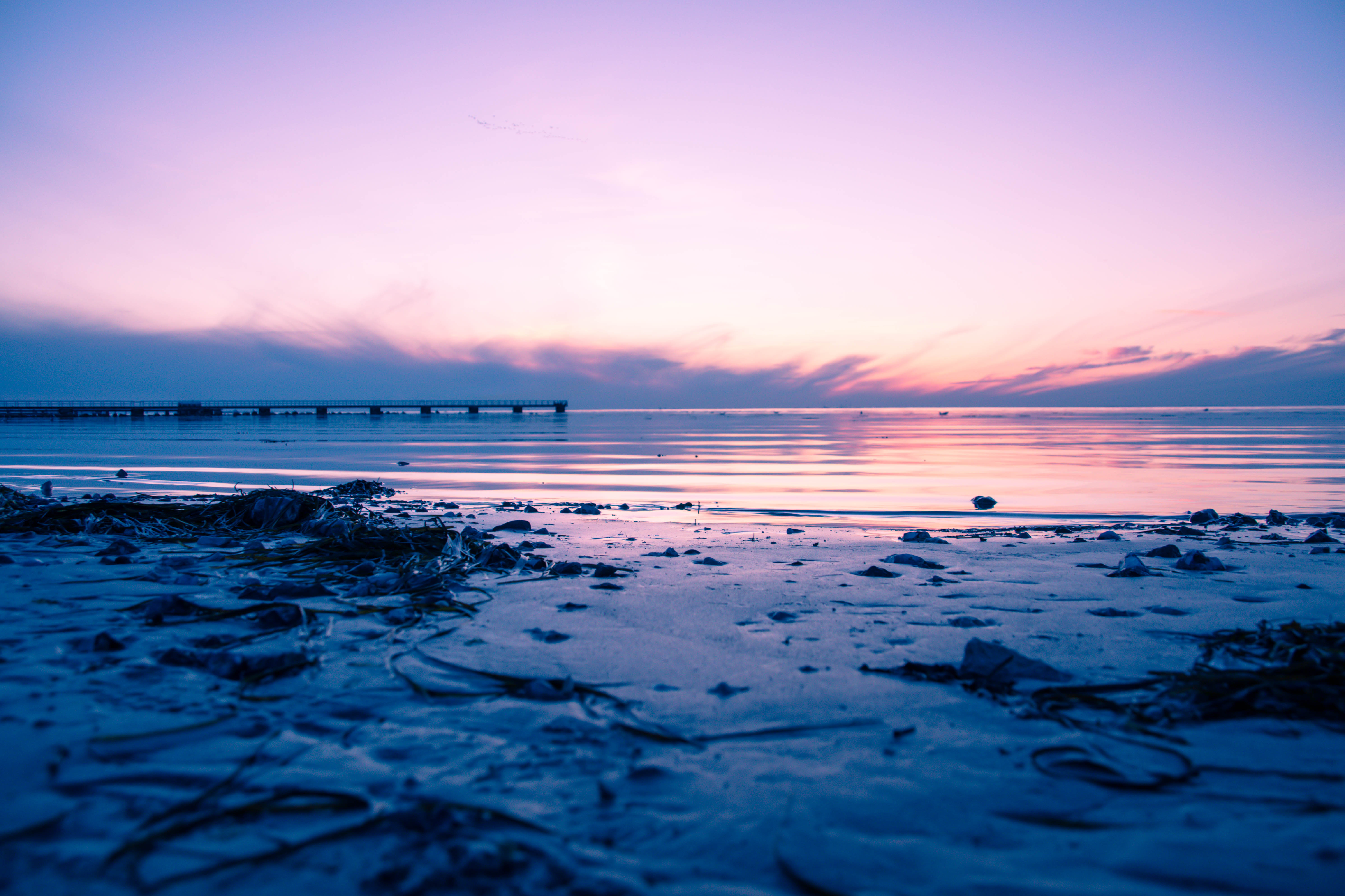 Download mobile wallpaper Twilight, Sunset, Dusk, Sea, Pier, Nature, Beach for free.