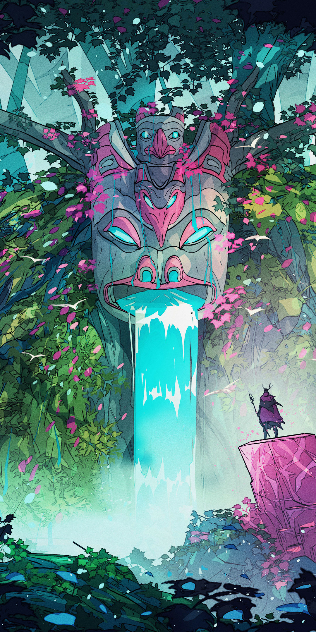 Download mobile wallpaper Fantasy, Waterfall, Mask, Giant for free.