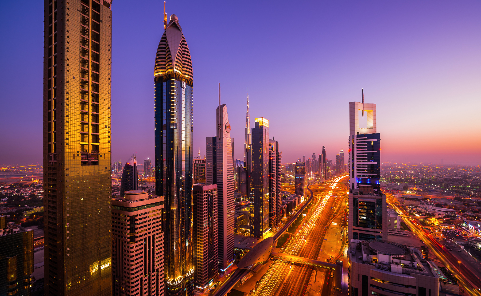 dubai, tower, united arab emirates, man made, cityscape, monorail, rose tower, sheikh zayed avenue, skyscraper, twilight, cities