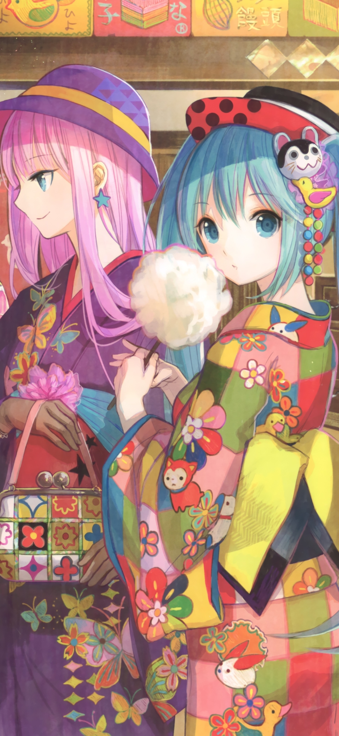 Download mobile wallpaper Anime, Vocaloid, Kimono, Hat, Blue Hair, Hatsune Miku, Long Hair, Luka Megurine, Yukata, Japanese Clothes for free.