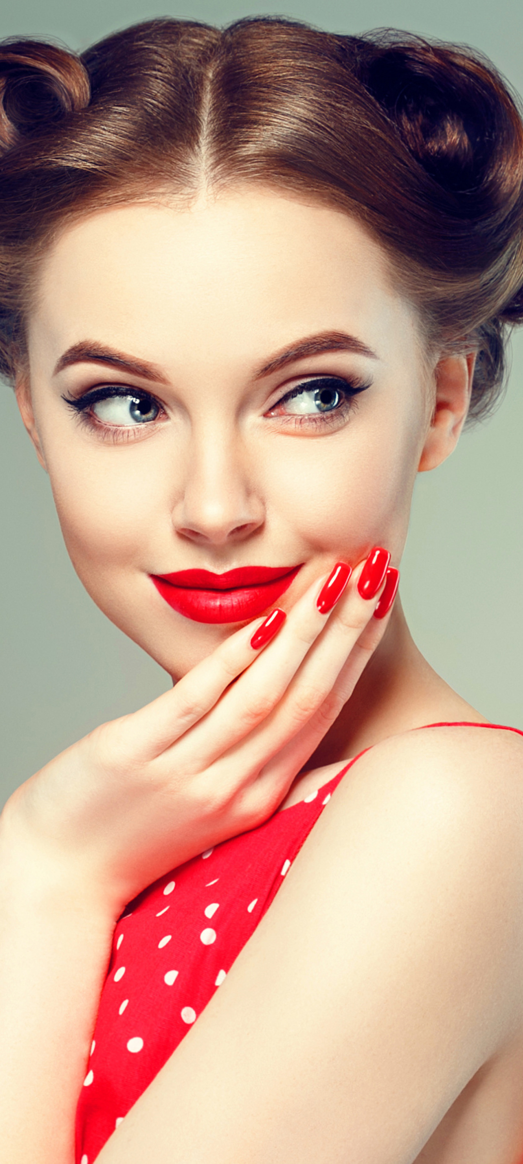 Download mobile wallpaper Smile, Brunette, Model, Women, Blue Eyes, Lipstick for free.