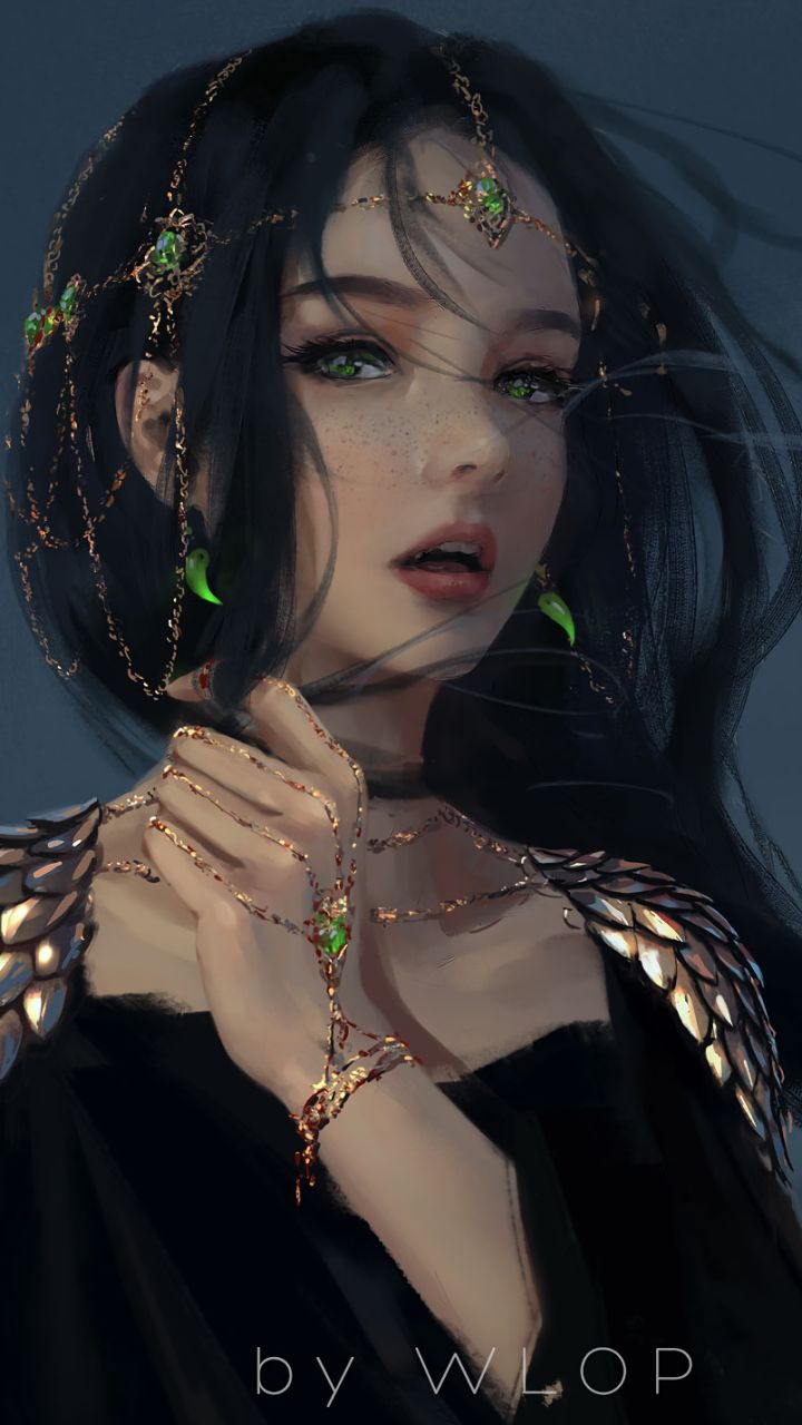 Download mobile wallpaper Fantasy, Jewelry, Face, Green Eyes, Comics, Black Hair, Ghostblade for free.