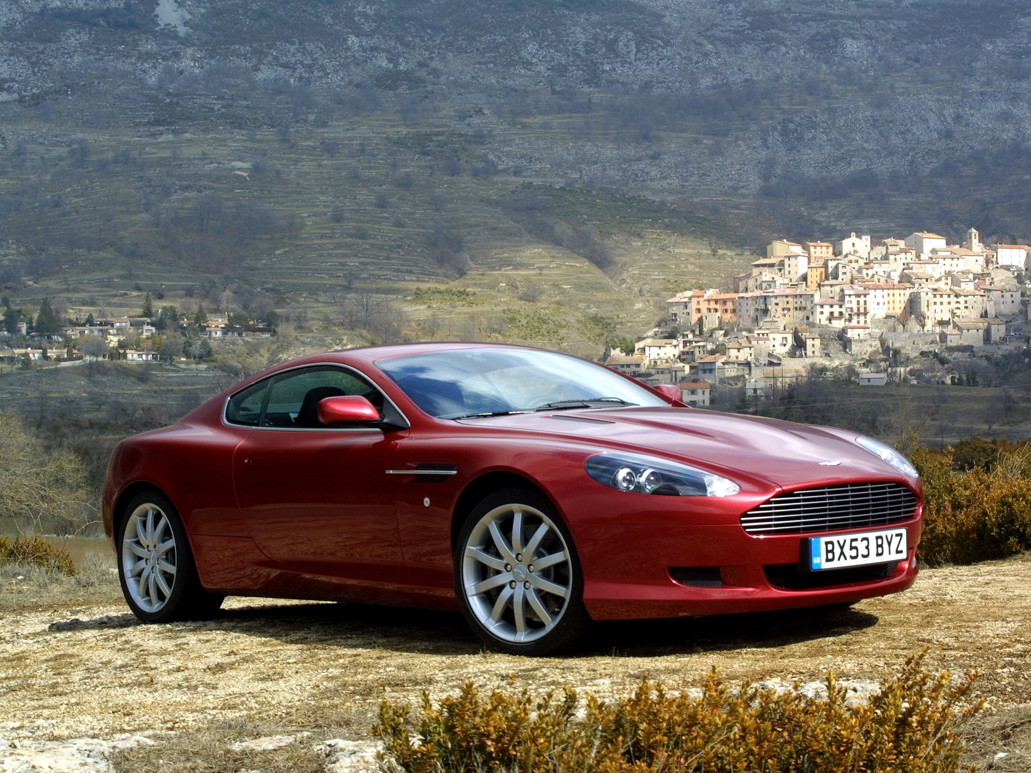 Download mobile wallpaper 2004, Db9, Side View, Nature, Trees, Aston Martin, Style, Cars, Auto, Houses for free.