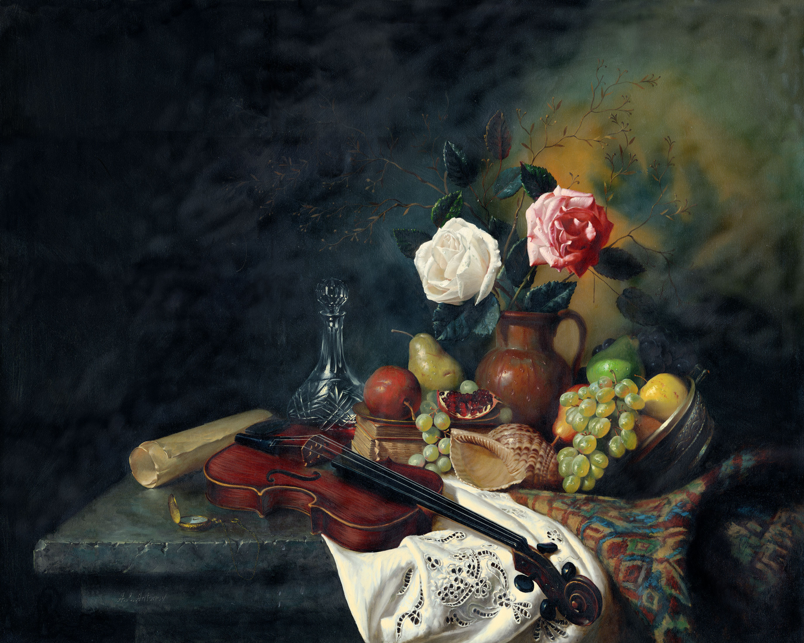 Download mobile wallpaper Still Life, Flower, Fruit, Vase, Painting, Artistic, Violin for free.