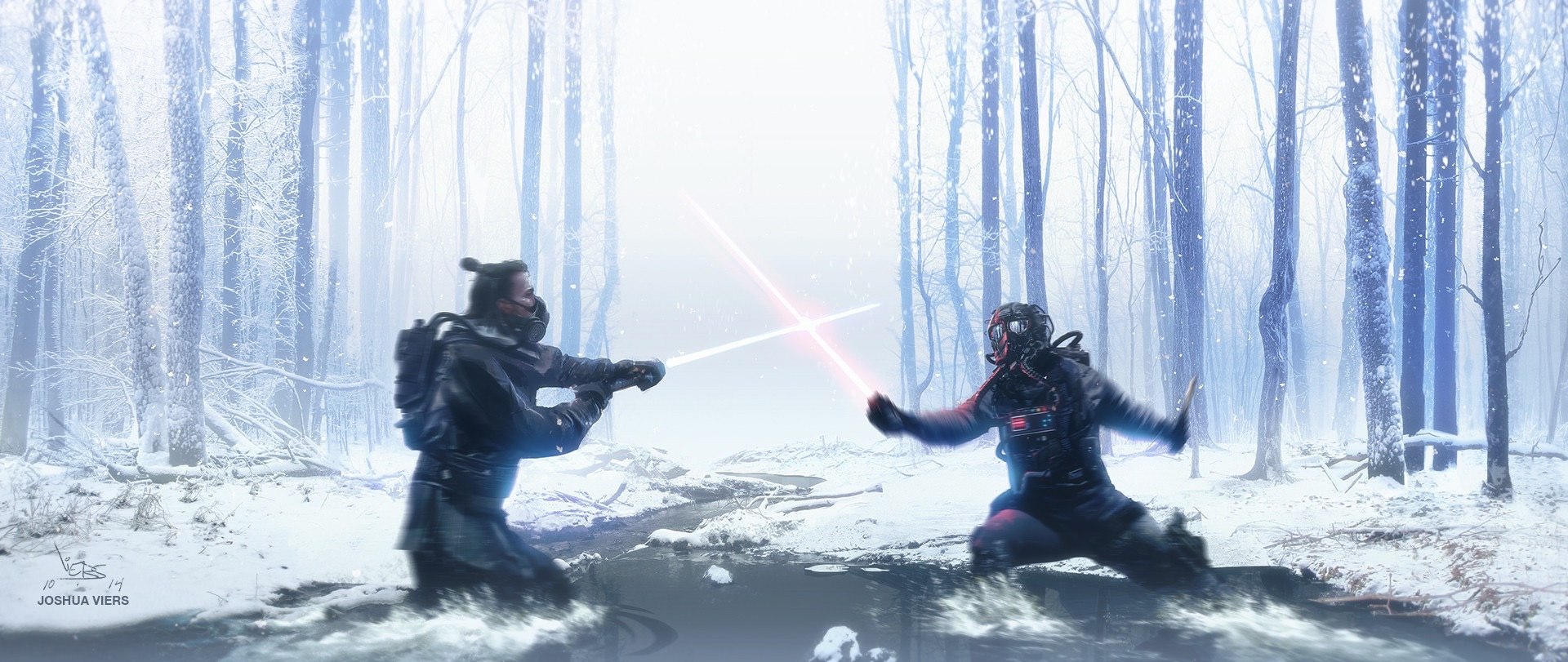 Download mobile wallpaper Fight, Stream, Snow, Star Wars, Lightsaber, Winter, Forest, Movie for free.