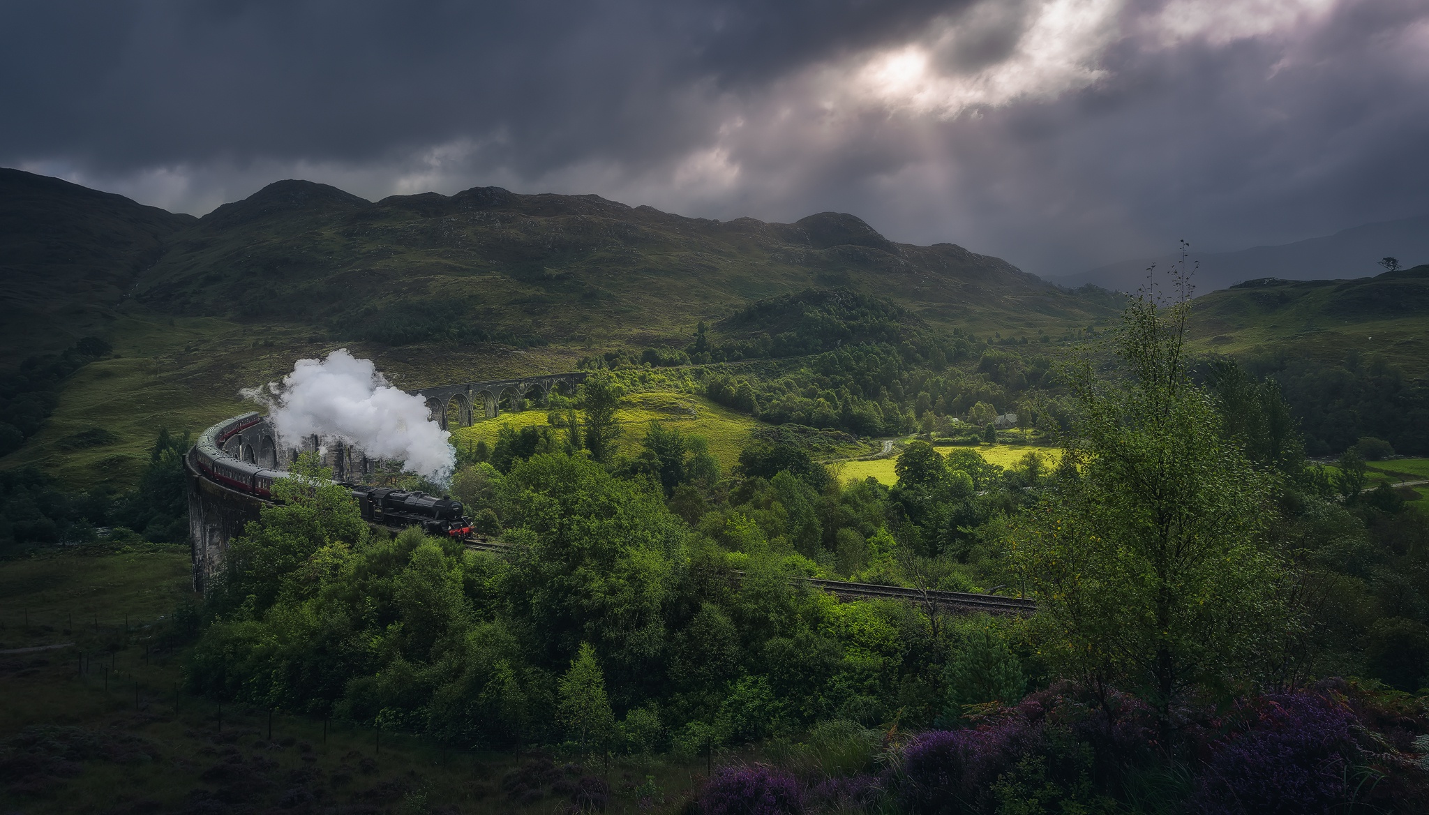 Download mobile wallpaper Landscape, Train, Vehicles, Steam Train, Greenery for free.
