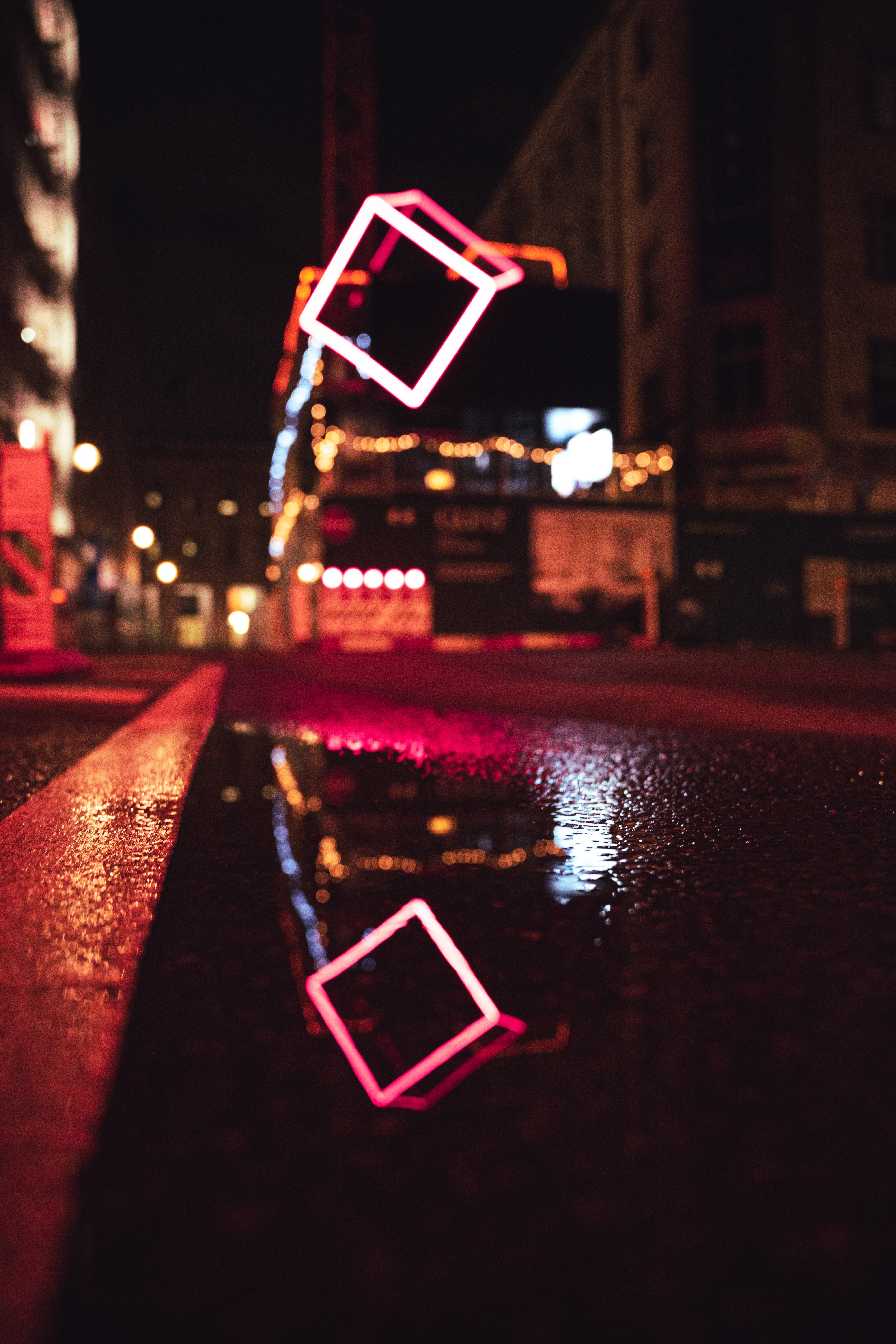 Download mobile wallpaper Reflection, Puddle, Street, Night, Neon, Dark for free.