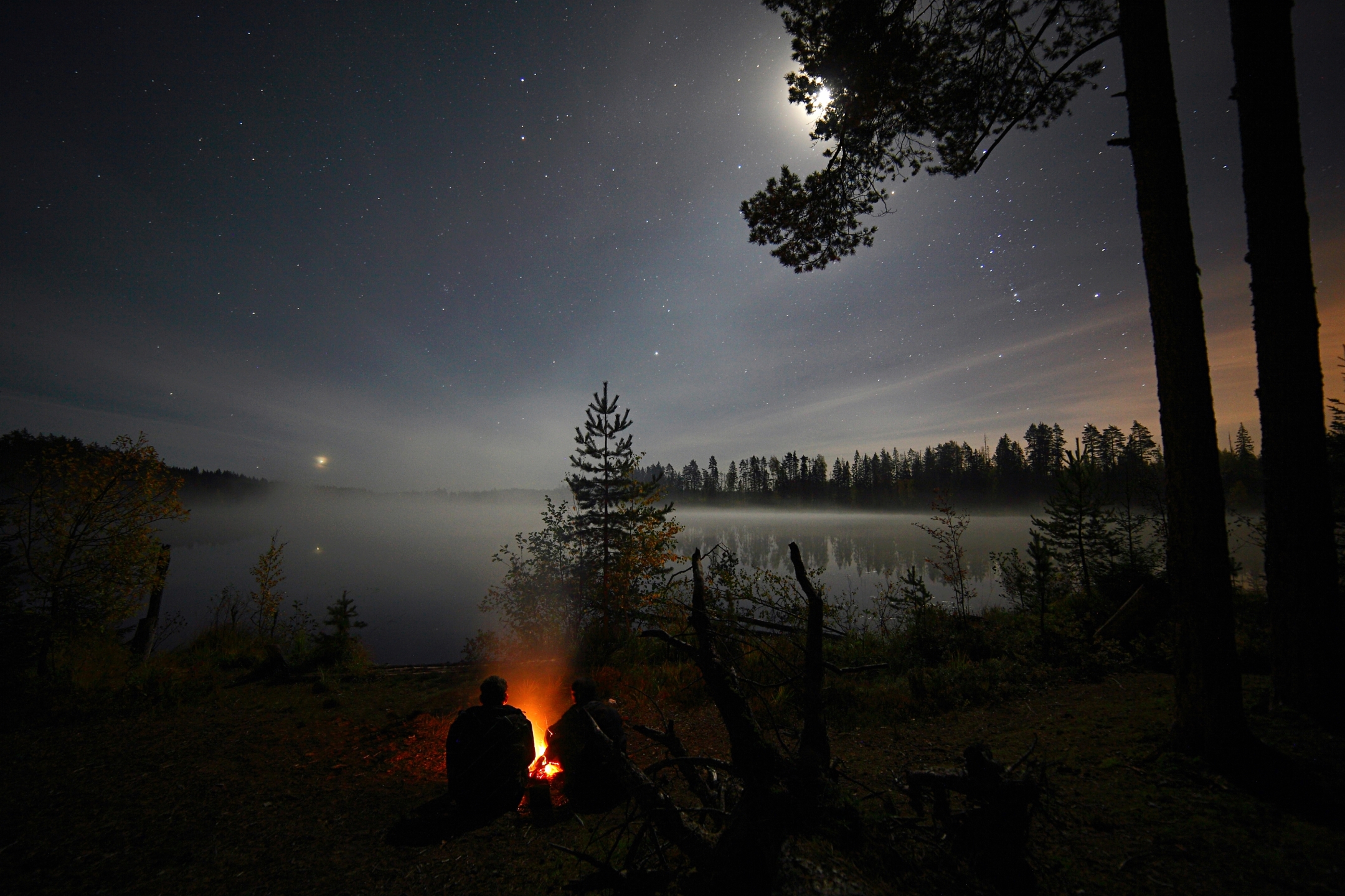 Download mobile wallpaper Landscape, People, Nature, Water, Sky, Bonfire, Night, Lakes, Lake, Russia, Photography for free.