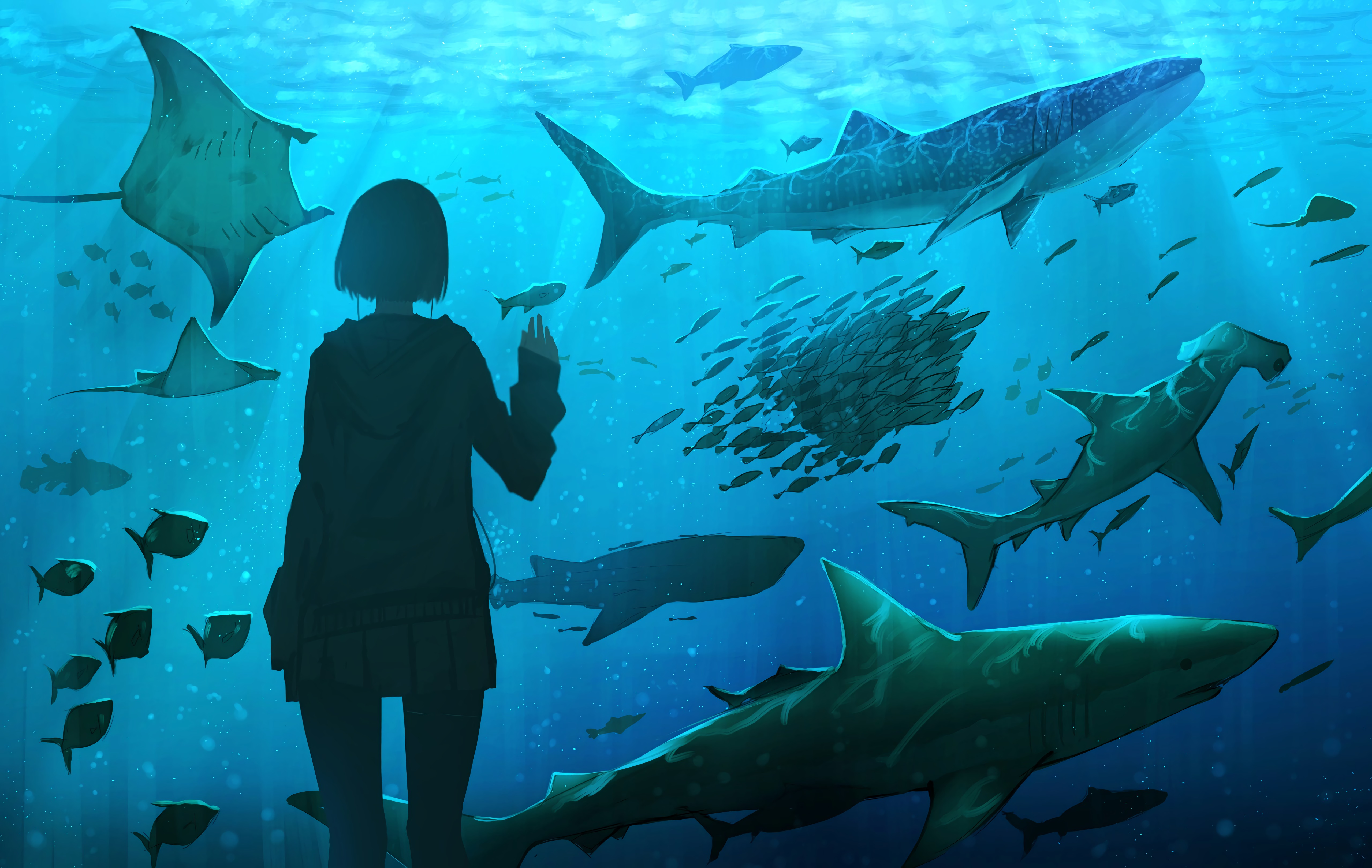 Download mobile wallpaper Underwater World, Fish, Aquarium, Art, Girl for free.