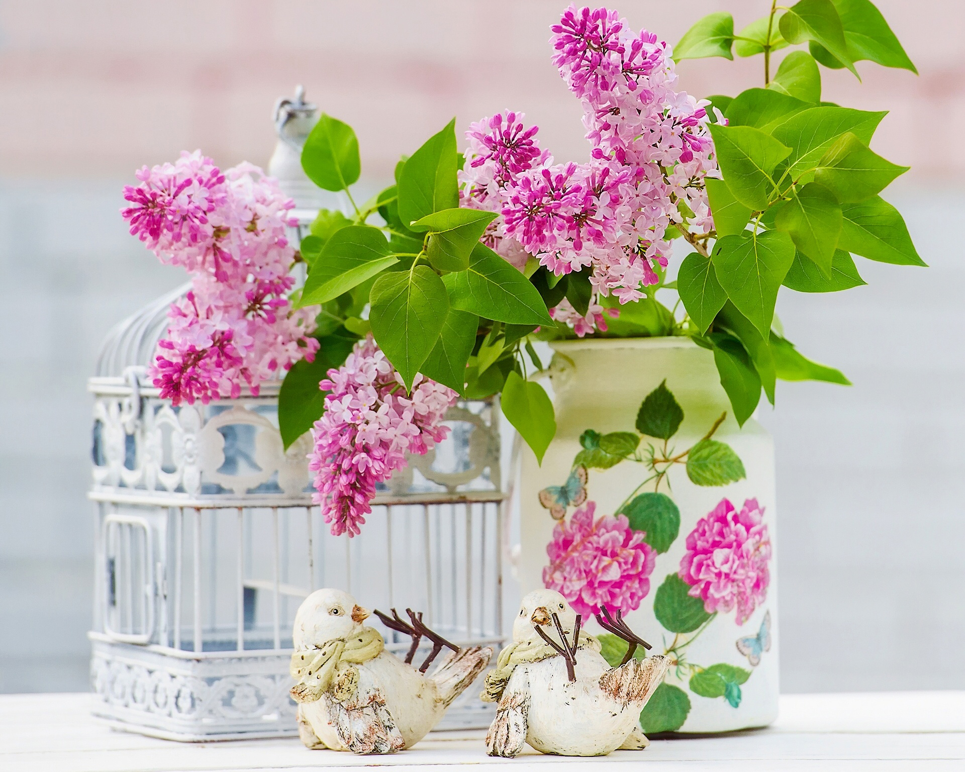 Download mobile wallpaper Lilac, Still Life, Vase, Photography, Pink Flower, Birdcage for free.