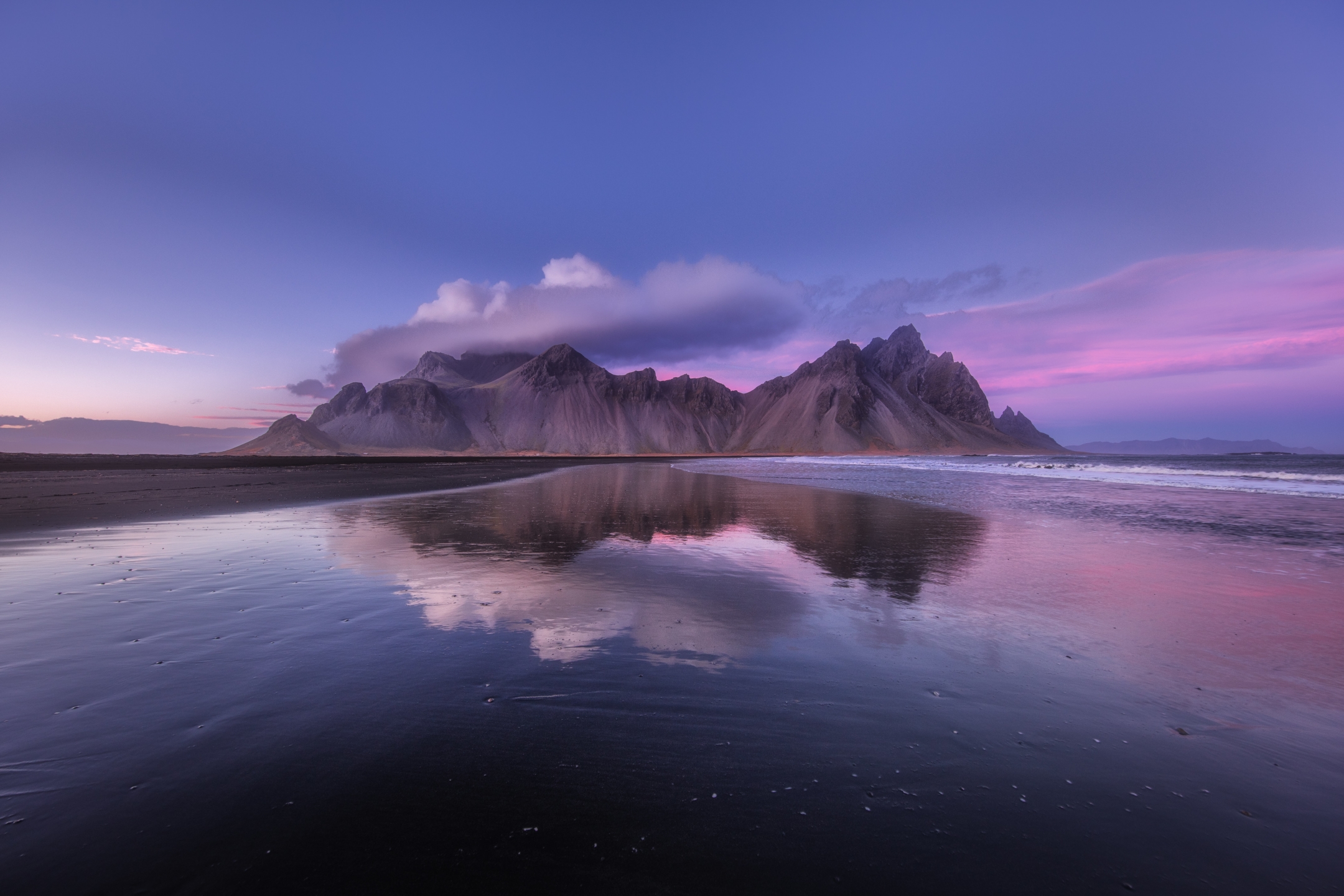Download mobile wallpaper Mountains, Beach, Mountain, Reflection, Earth, Iceland, Vestrahorn for free.