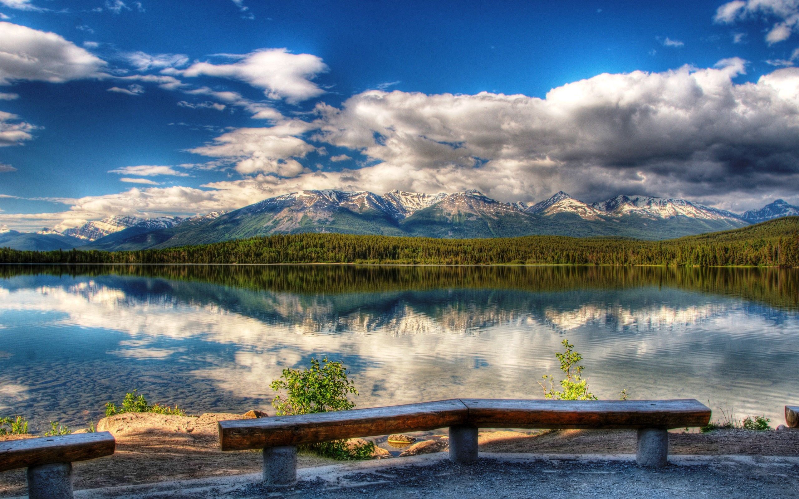 landscape, nature, sky, mountains, clouds, lake, reflection, shore, bank, day, benches, clear, i see, picturesque