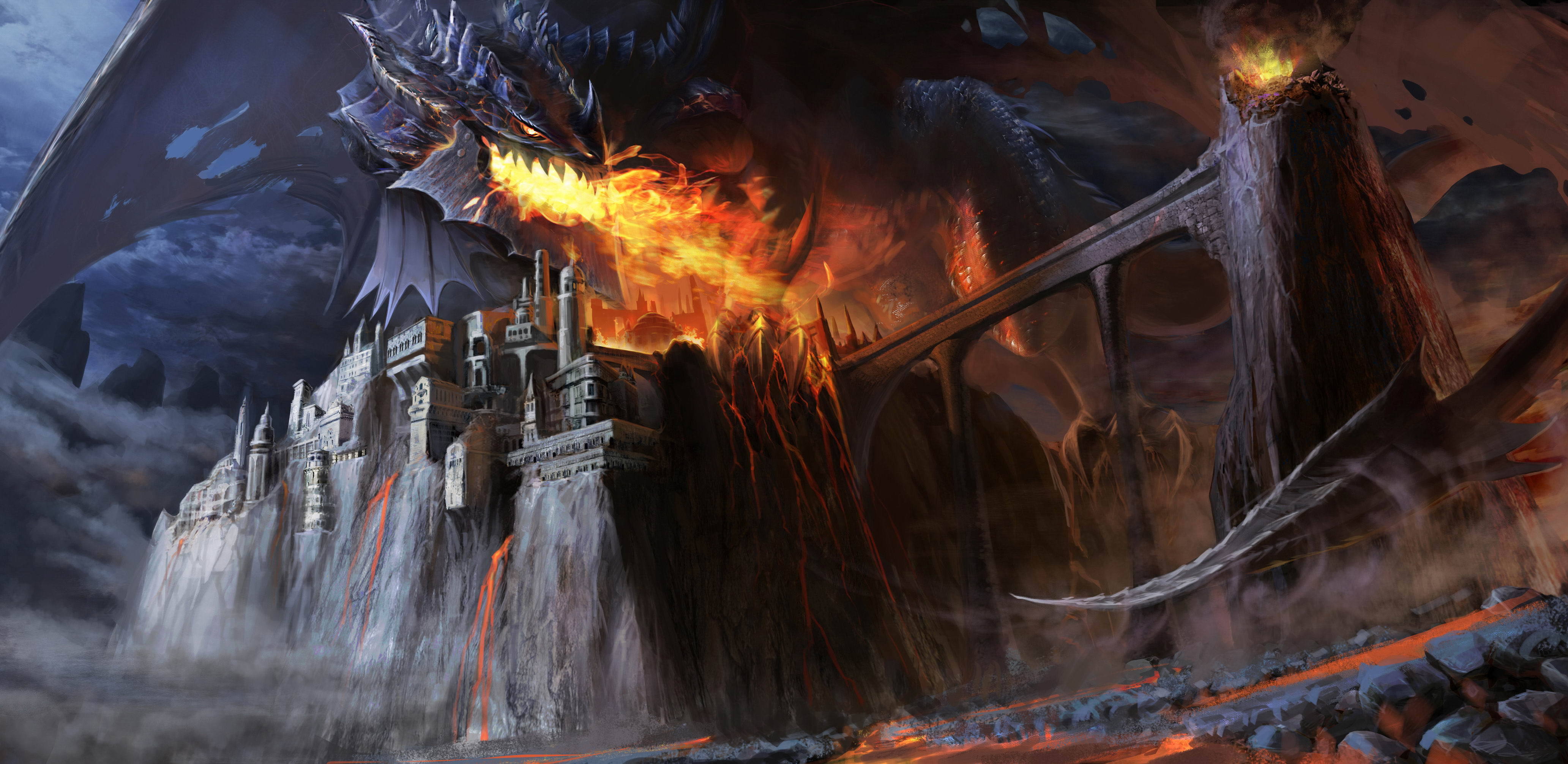 Download mobile wallpaper Fantasy, Fire, City, Dragon for free.