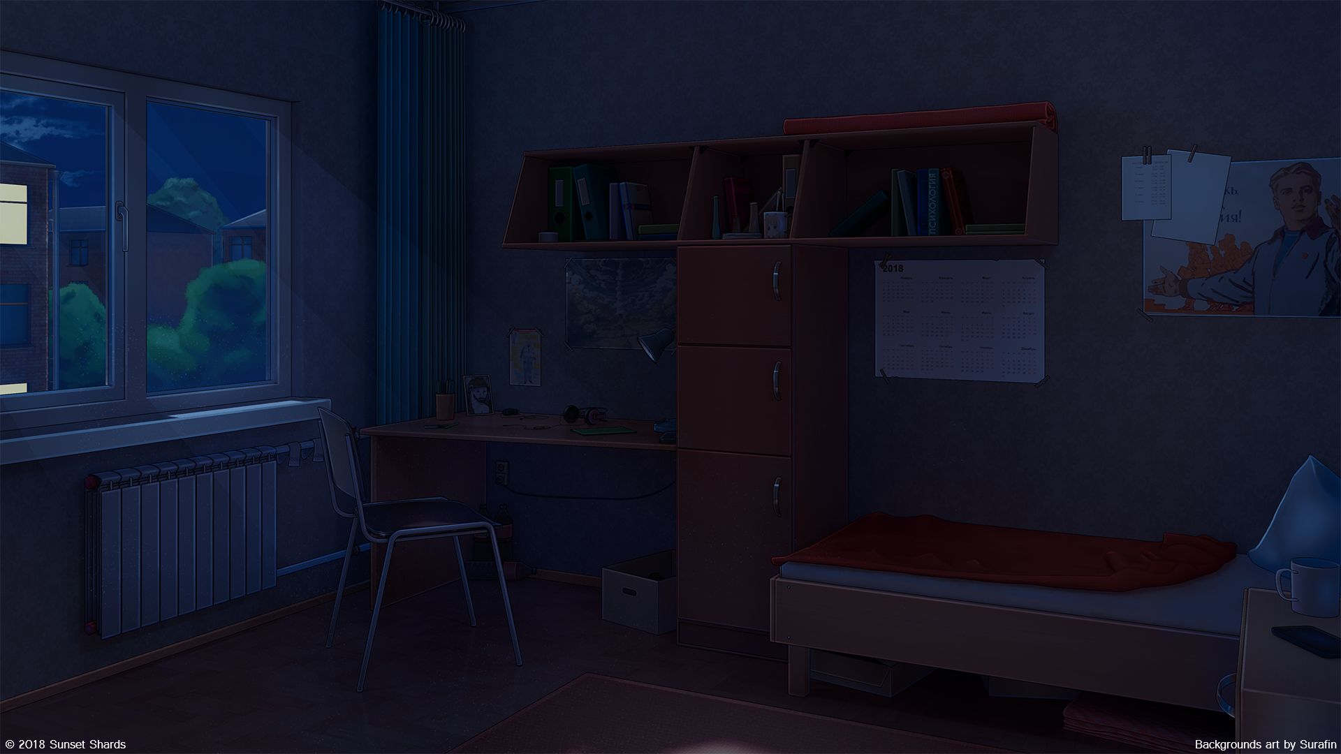 anime, room, bedroom, desk, night