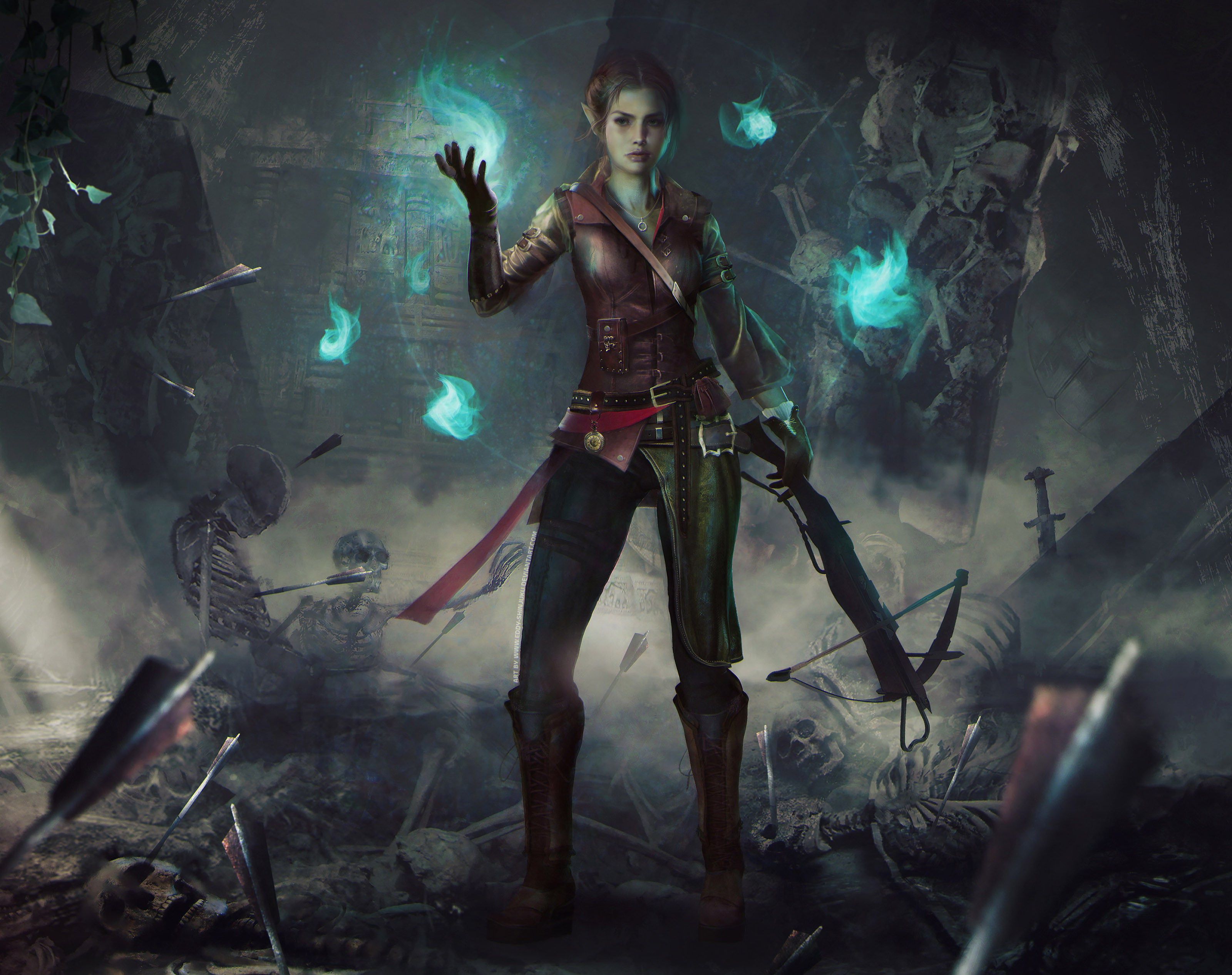 Download mobile wallpaper Magic, Fantasy, Arrow, Elf, Skeleton, Crossbow, Women Warrior, Woman Warrior for free.