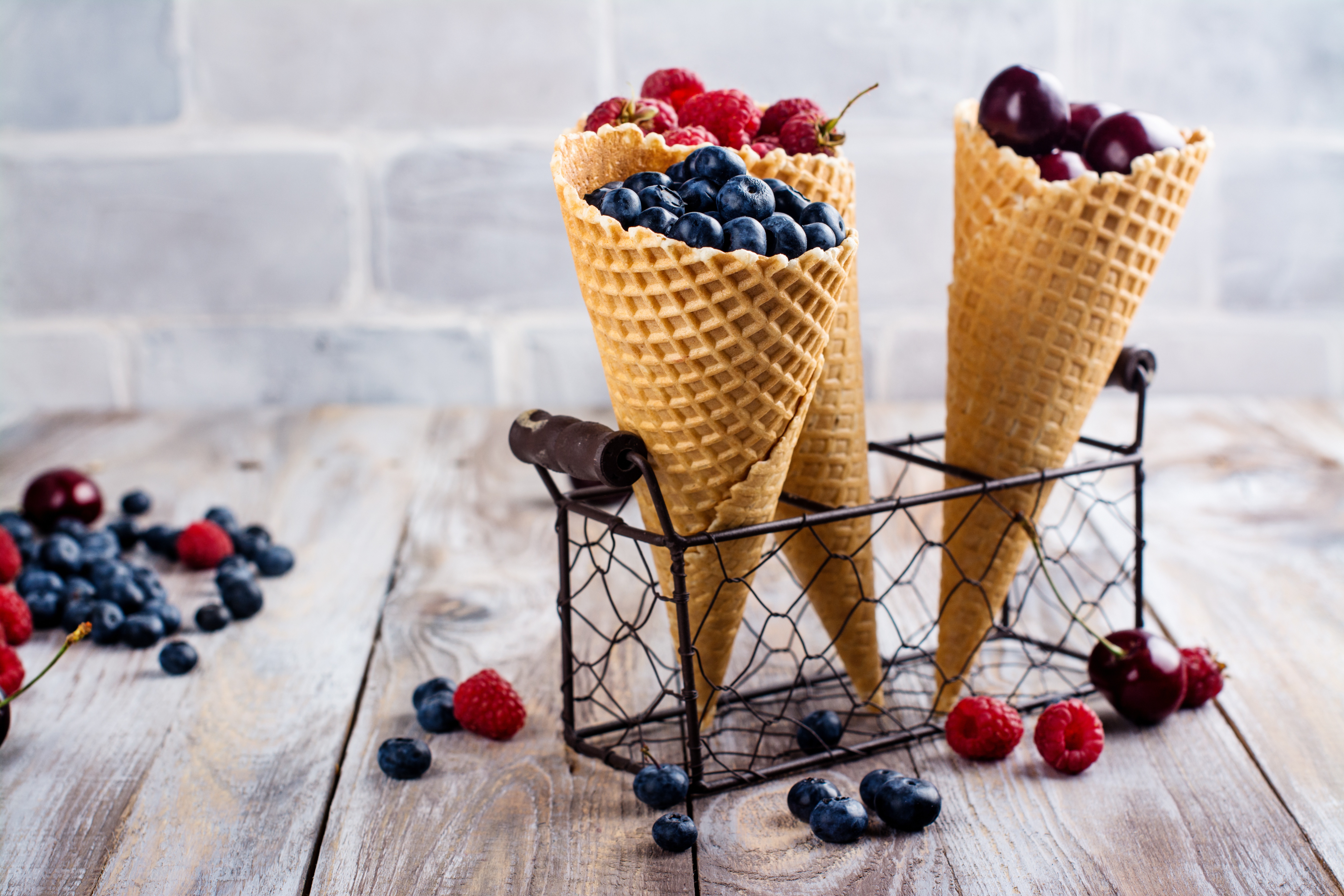 Download mobile wallpaper Food, Cherry, Blueberry, Raspberry, Still Life, Berry, Waffle Cone for free.