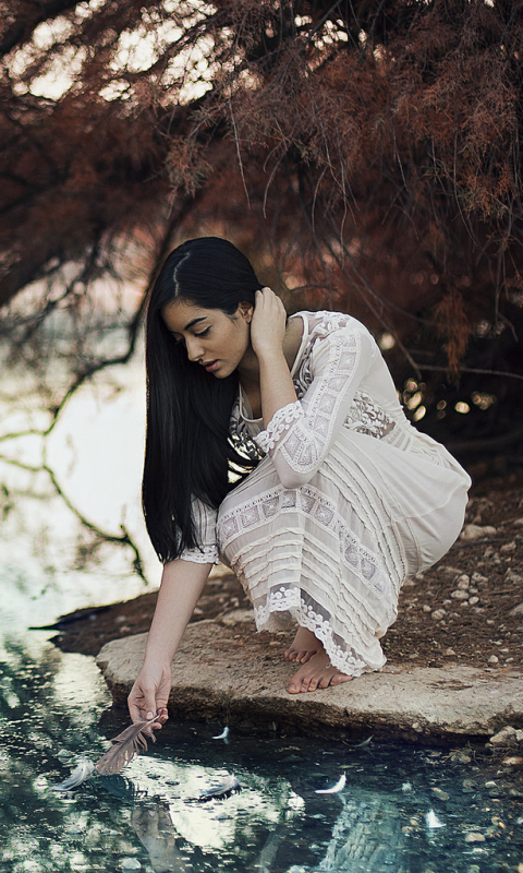 Download mobile wallpaper Reflection, Fall, Mood, River, Brunette, Model, Women, White Dress for free.