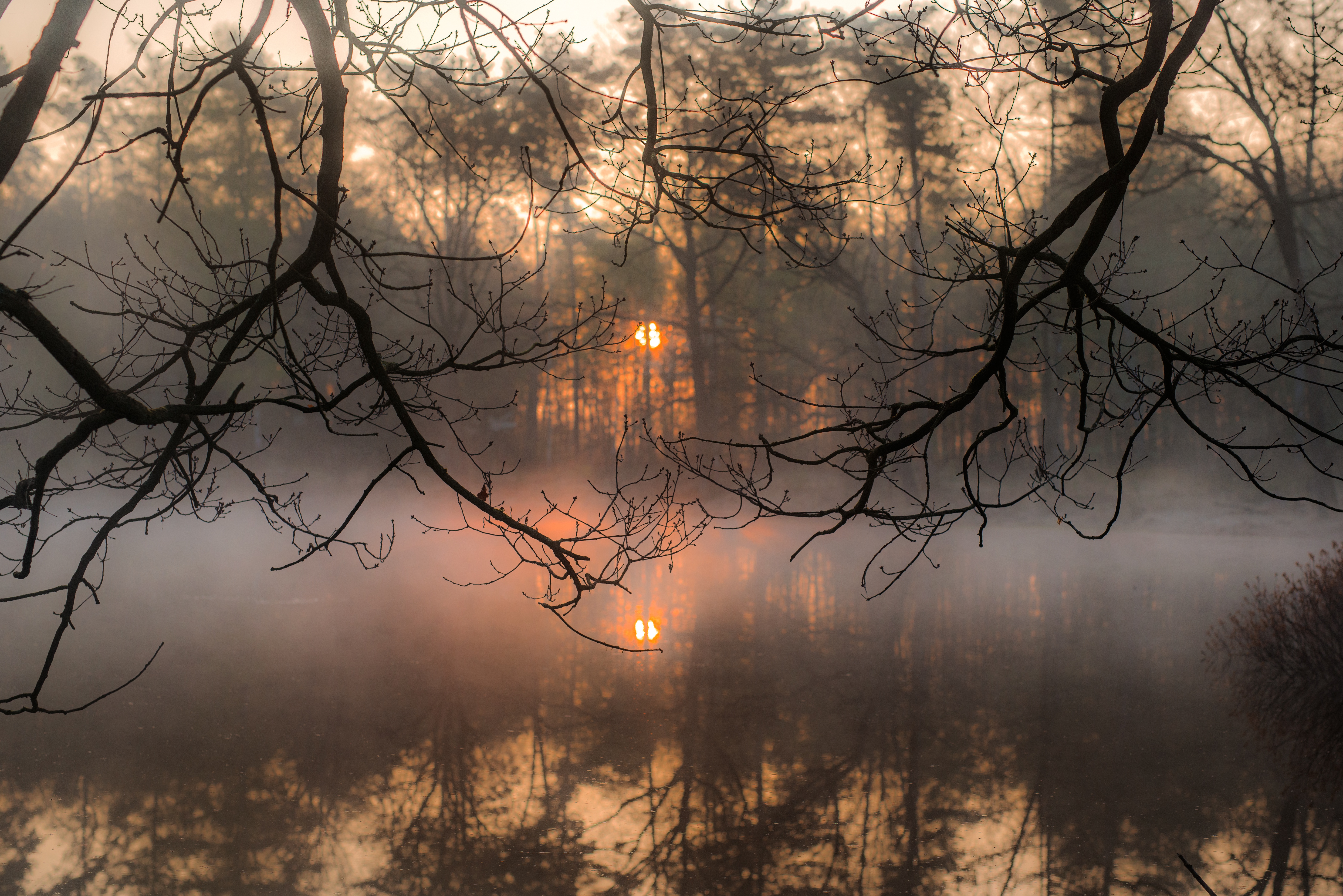 Download mobile wallpaper Nature, Sunset, Lake, Reflection, Fog, Earth for free.