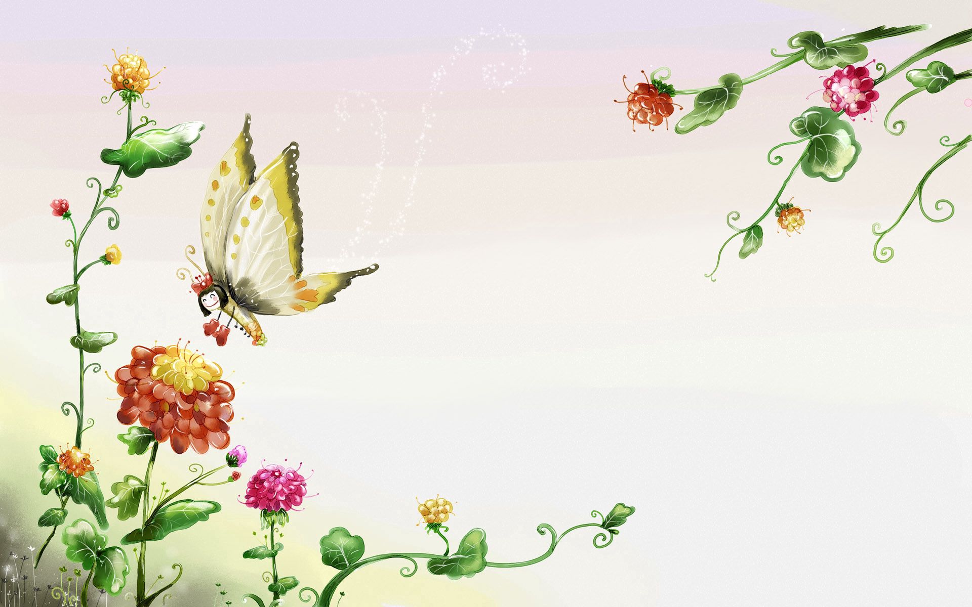 Скачать обои бесплатно Трава, Полет, Разное, Бабочка, Цветы картинка на рабочий стол ПК